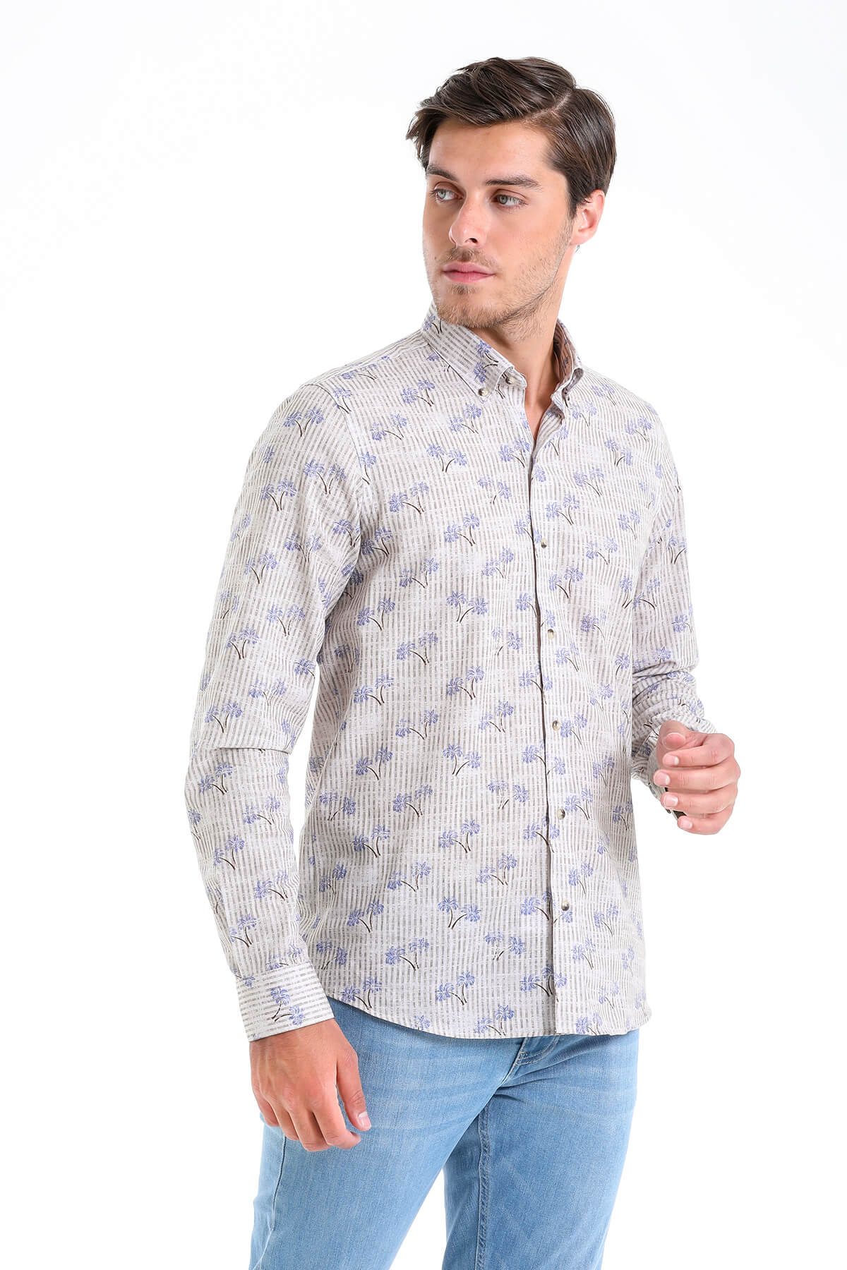 Comfort Fit Palm Tree Printed Cotton Beige Casual Shirt