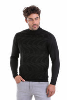 Comfort Fit Patterned Wool Blend Black Mock Neck Sweater