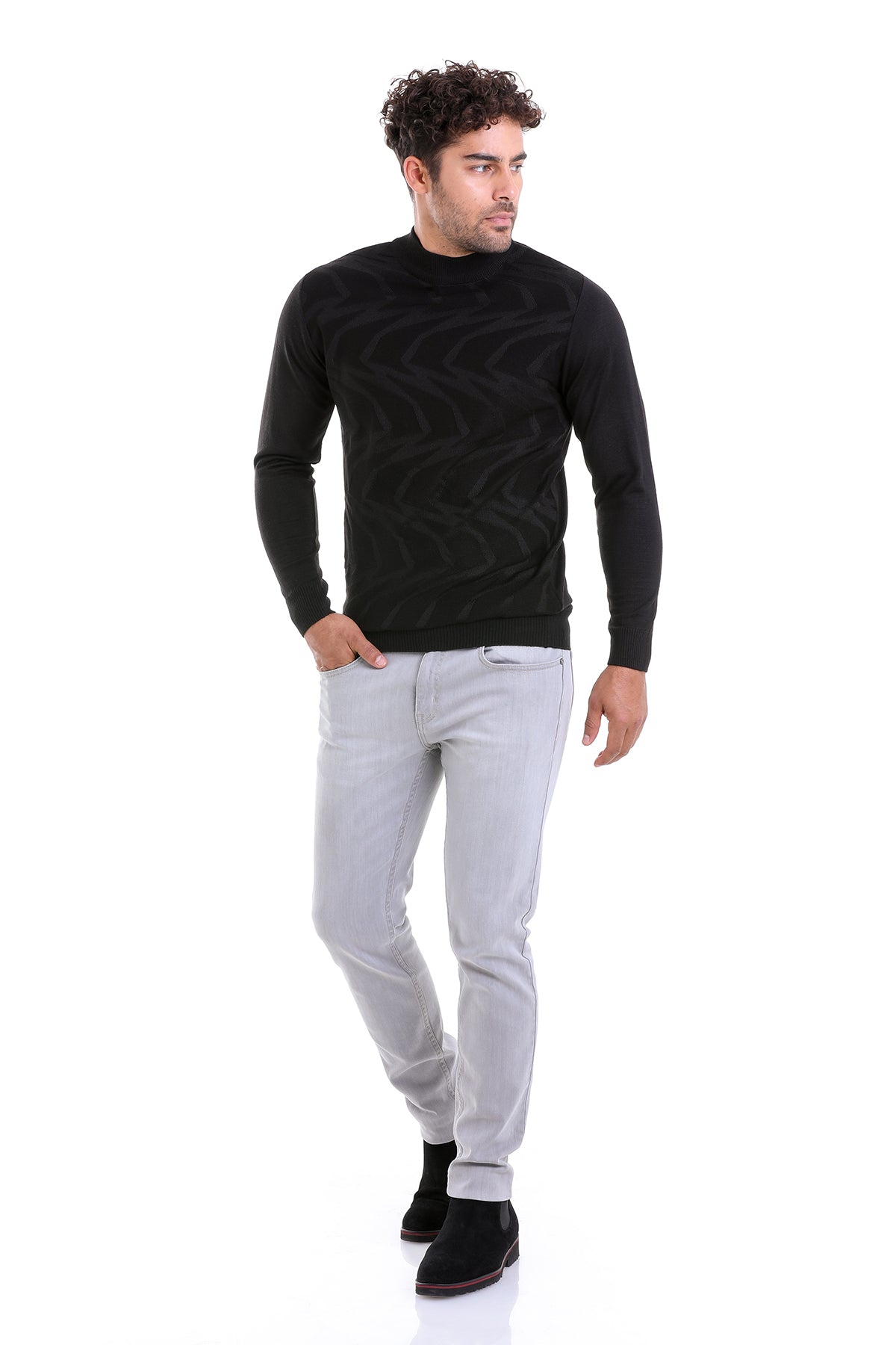 Comfort Fit Patterned Wool Blend Black Mock Neck Sweater