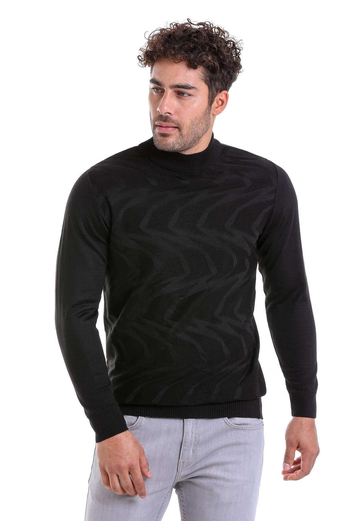 Comfort Fit Patterned Wool Blend Black Mock Neck Sweater