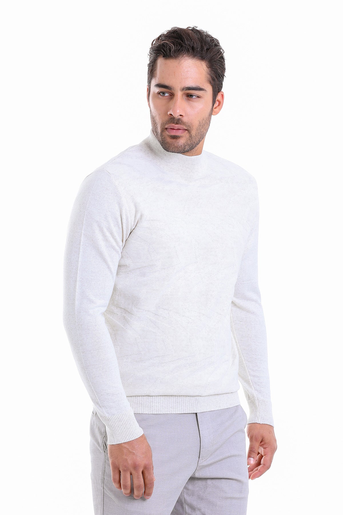 Comfort Fit Patterned Wool Blend White Mock Neck Sweater