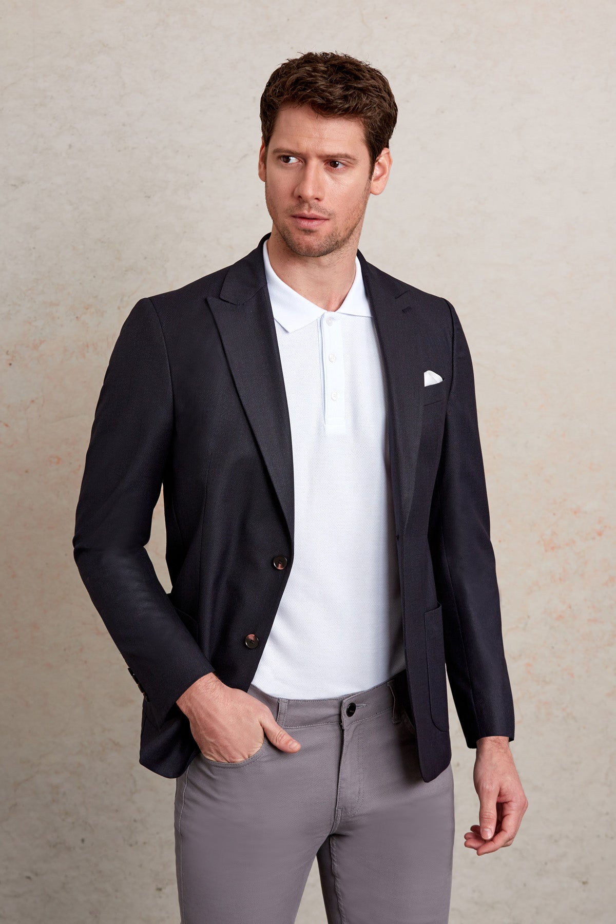 Comfort Fit Peak Lapel Dark Navy Casual Blazer - SAYKI