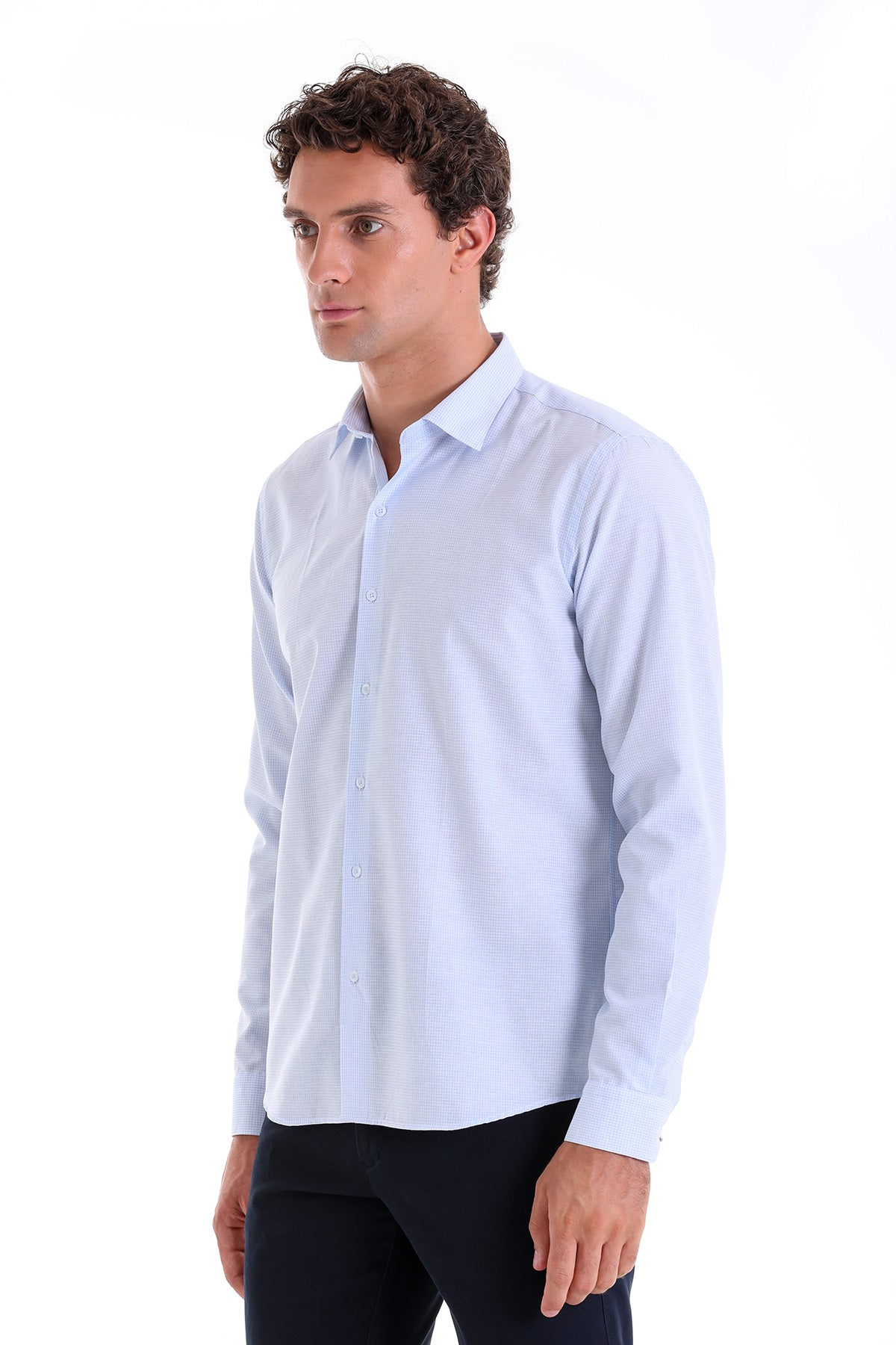 Comfort Fit Pin Check Cotton Blend Light Blue Casual Shirt