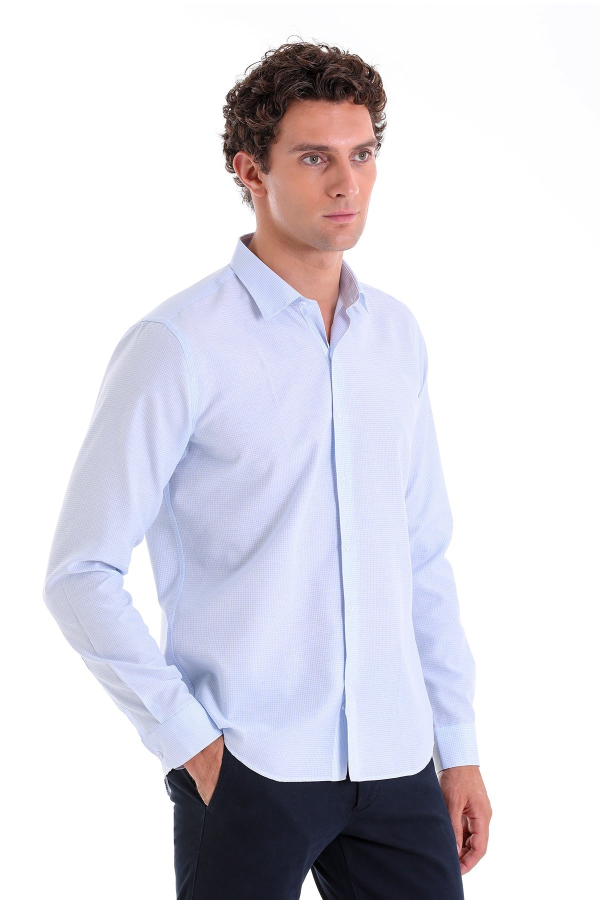 Comfort Fit Pin Check Cotton Blend Light Blue Casual Shirt