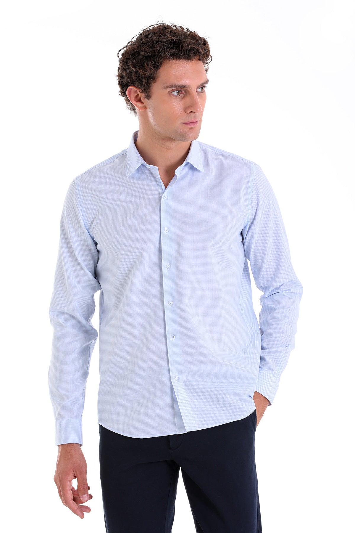 Comfort Fit Pin Check Cotton Blend Light Blue Casual Shirt