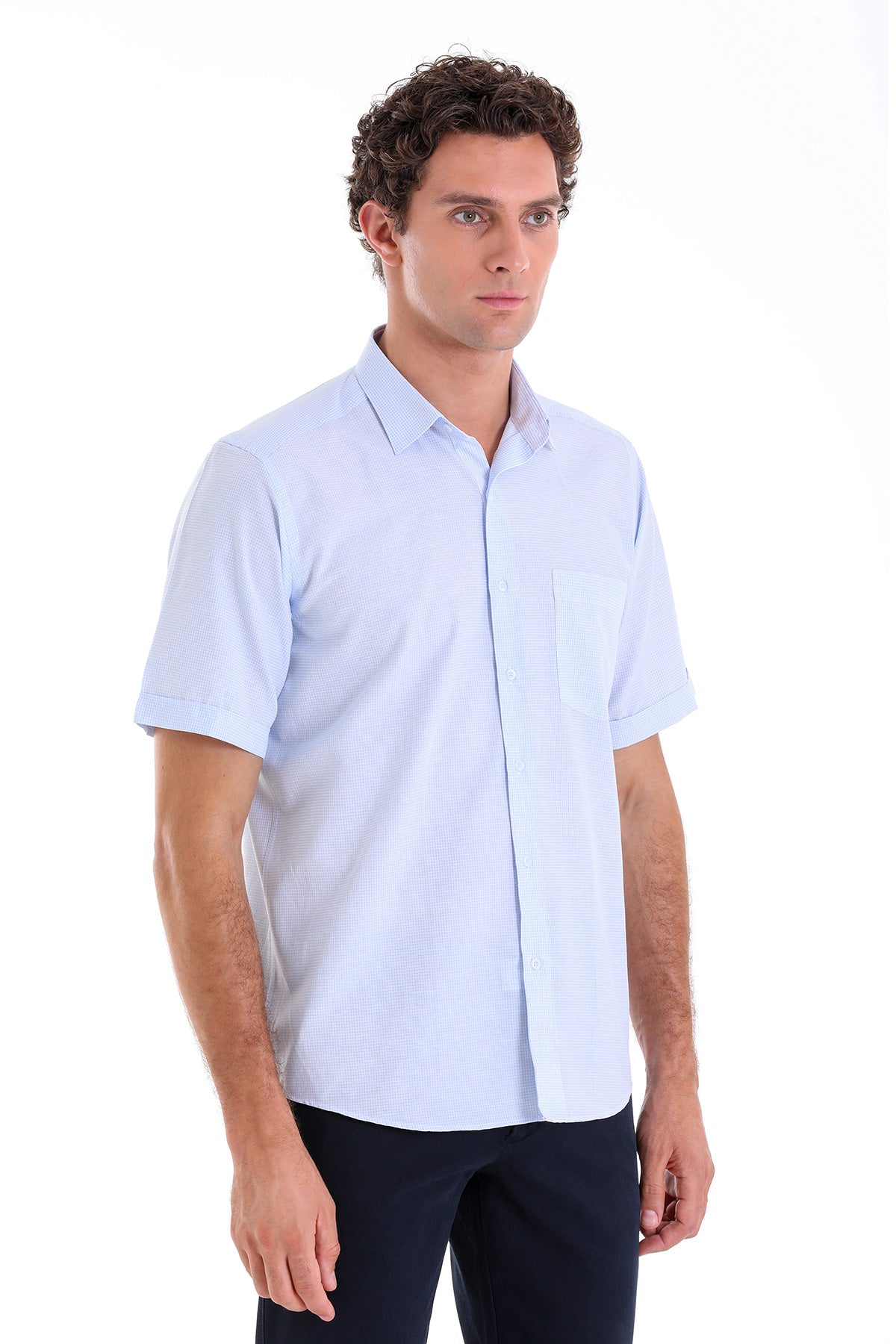 Comfort Fit Pin Check Cotton Blend Light Blue Dress Shirt