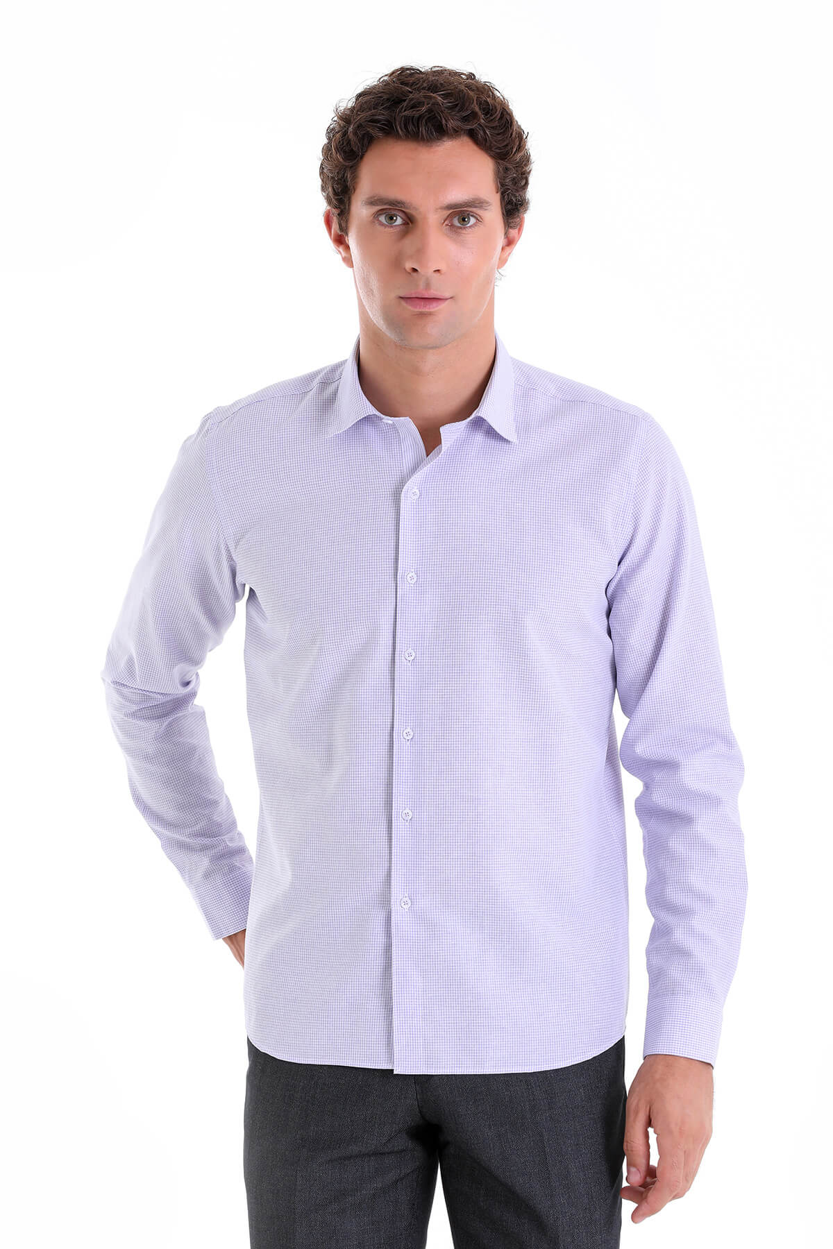 Comfort Fit Pin Check Cotton Blend Lilac Casual Shirt - MIB