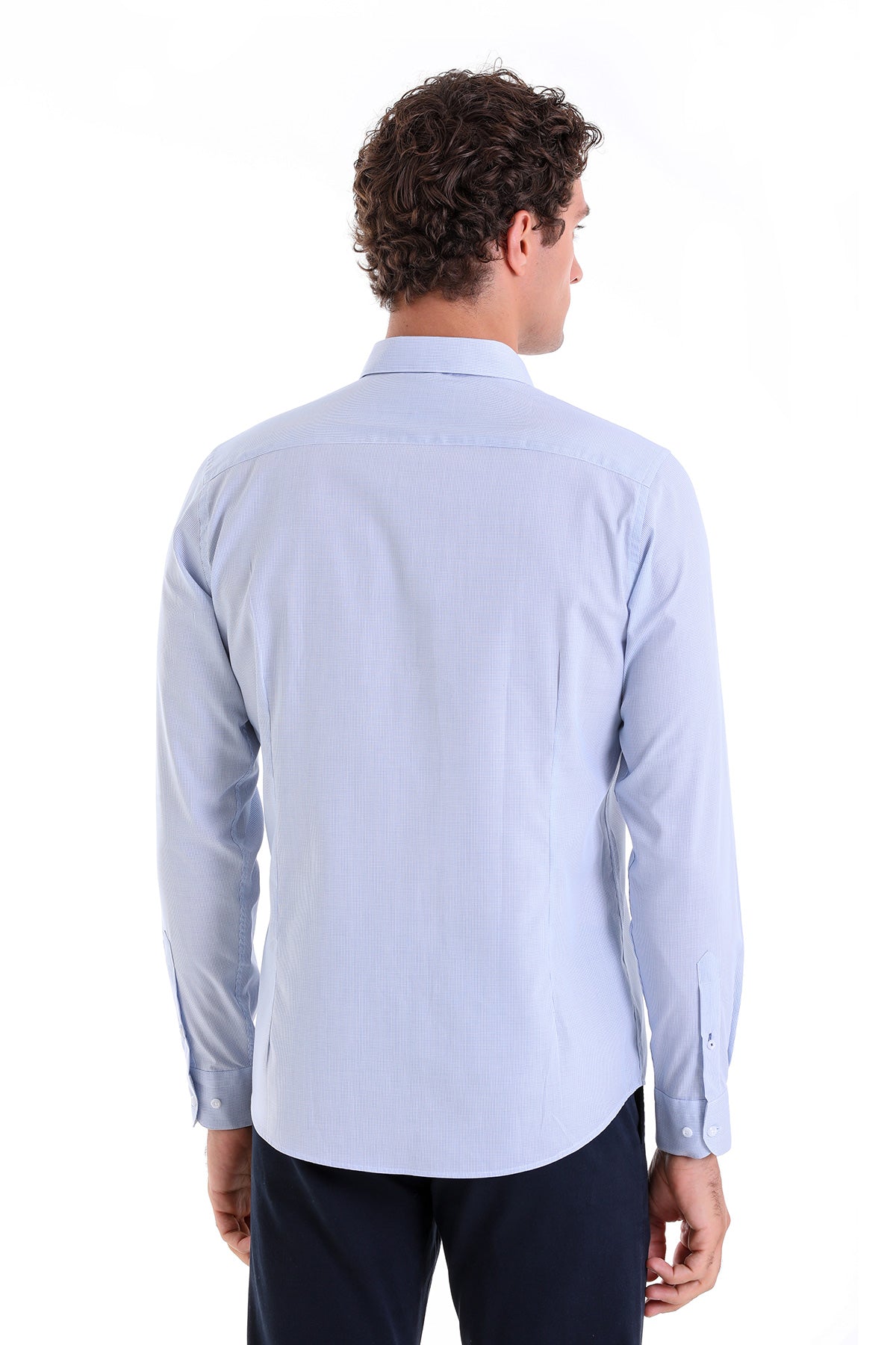 Comfort Fit Pin Check Long Sleeve Cotton Blue Casual Shirt