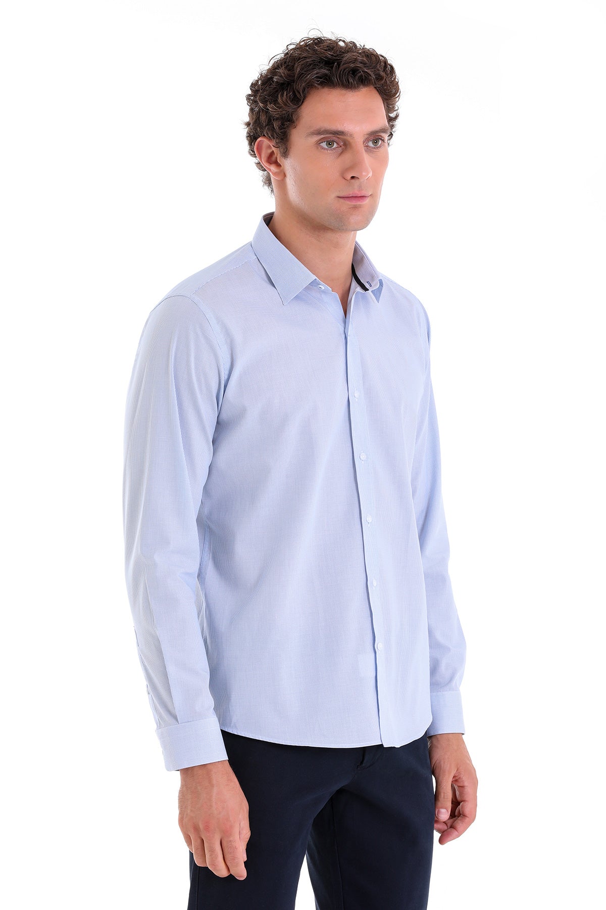 Comfort Fit Pin Check Long Sleeve Cotton Blue Casual Shirt