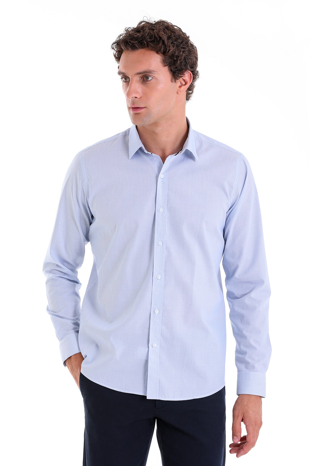 Comfort Fit Pin Check Long Sleeve Cotton Blue Casual Shirt