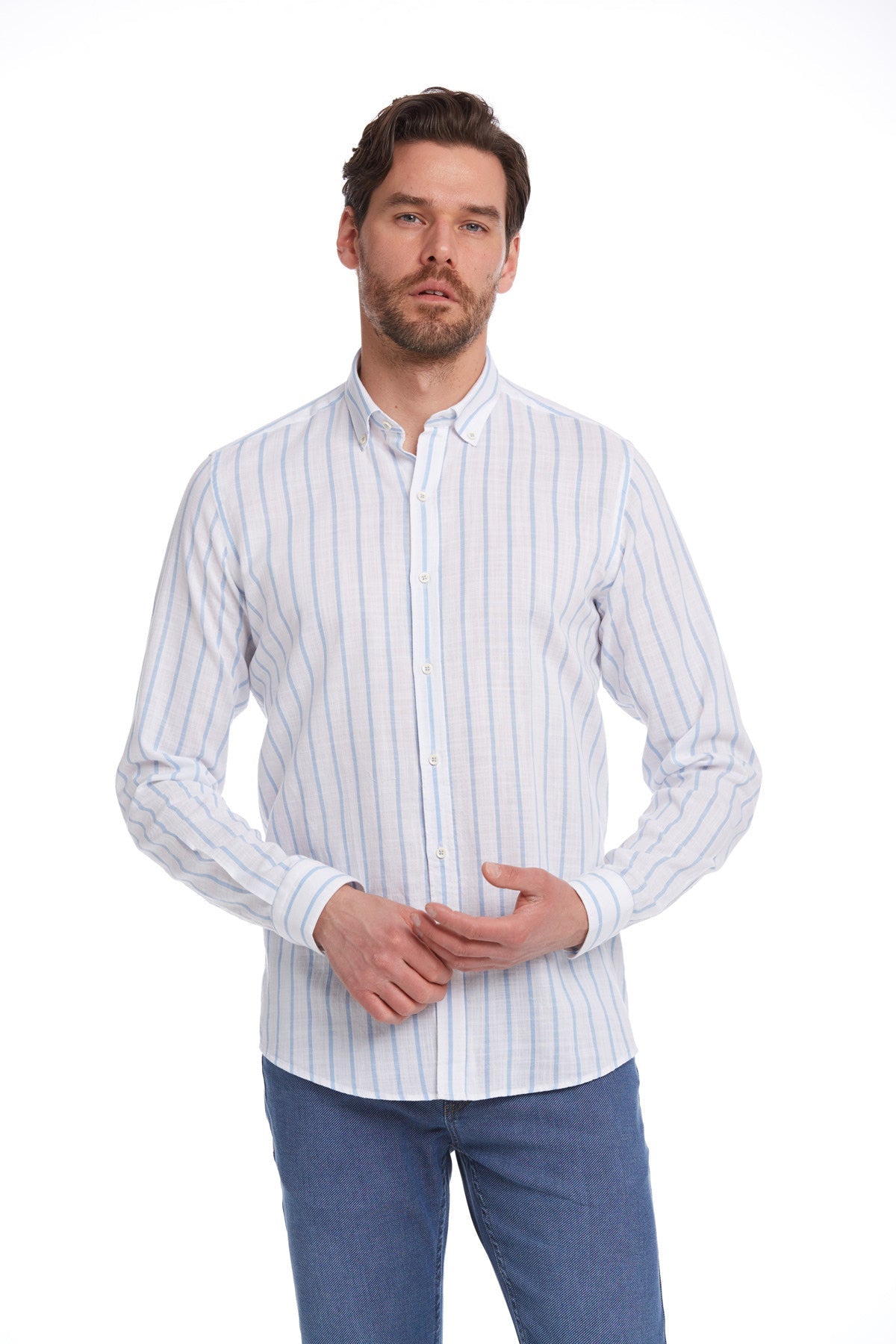 Comfort Fit Pinstripe Cotton Light Blue Casual Shirt - MIB