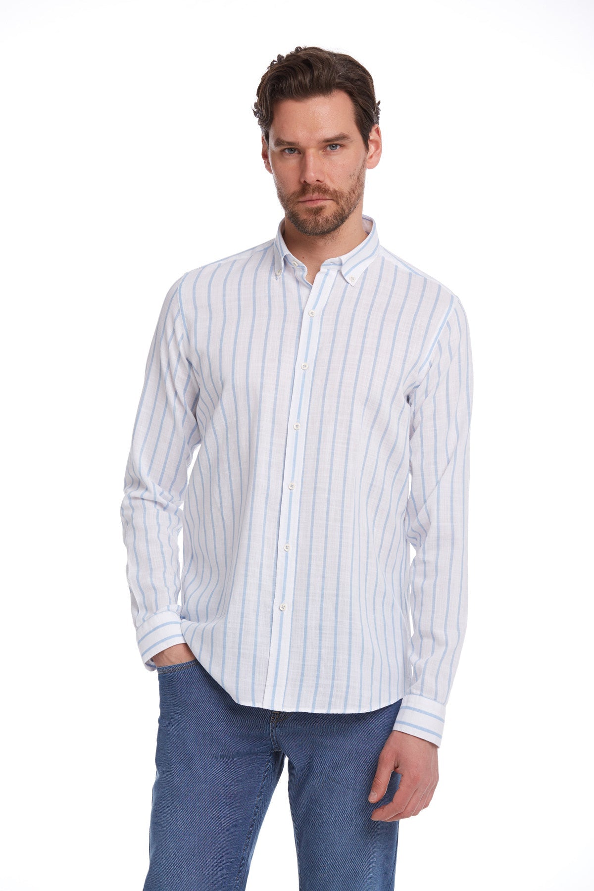 Comfort Fit Pinstripe Cotton Light Blue Casual Shirt - MIB