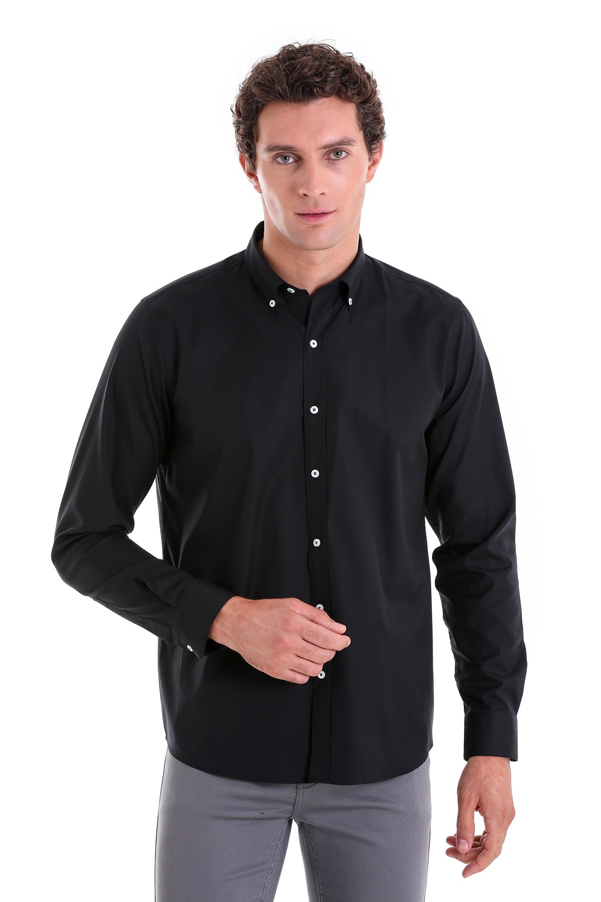 Comfort Fit Plain Button-Down Cotton Black Casual Shirt