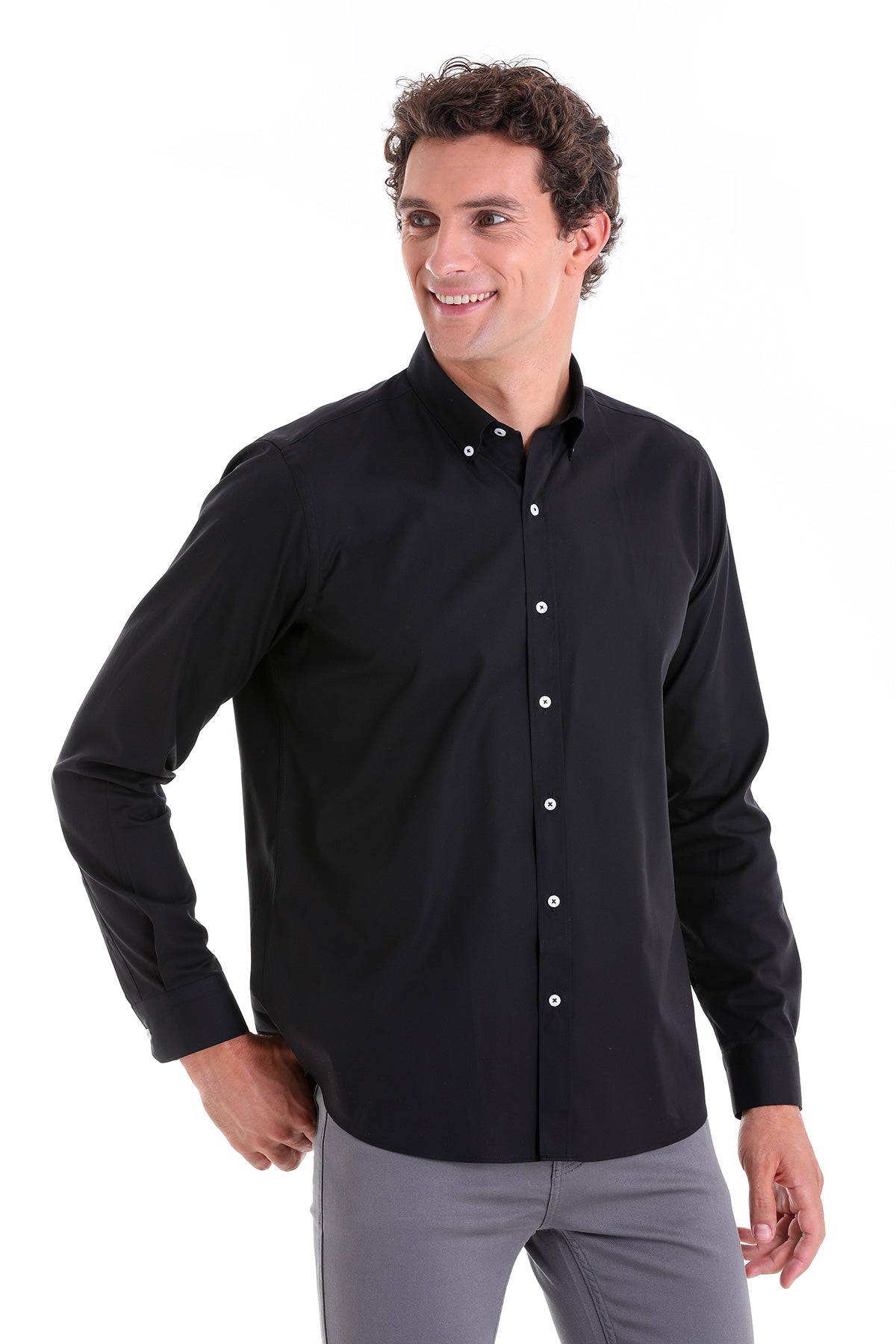 Comfort Fit Plain Button-Down Cotton Black Casual Shirt