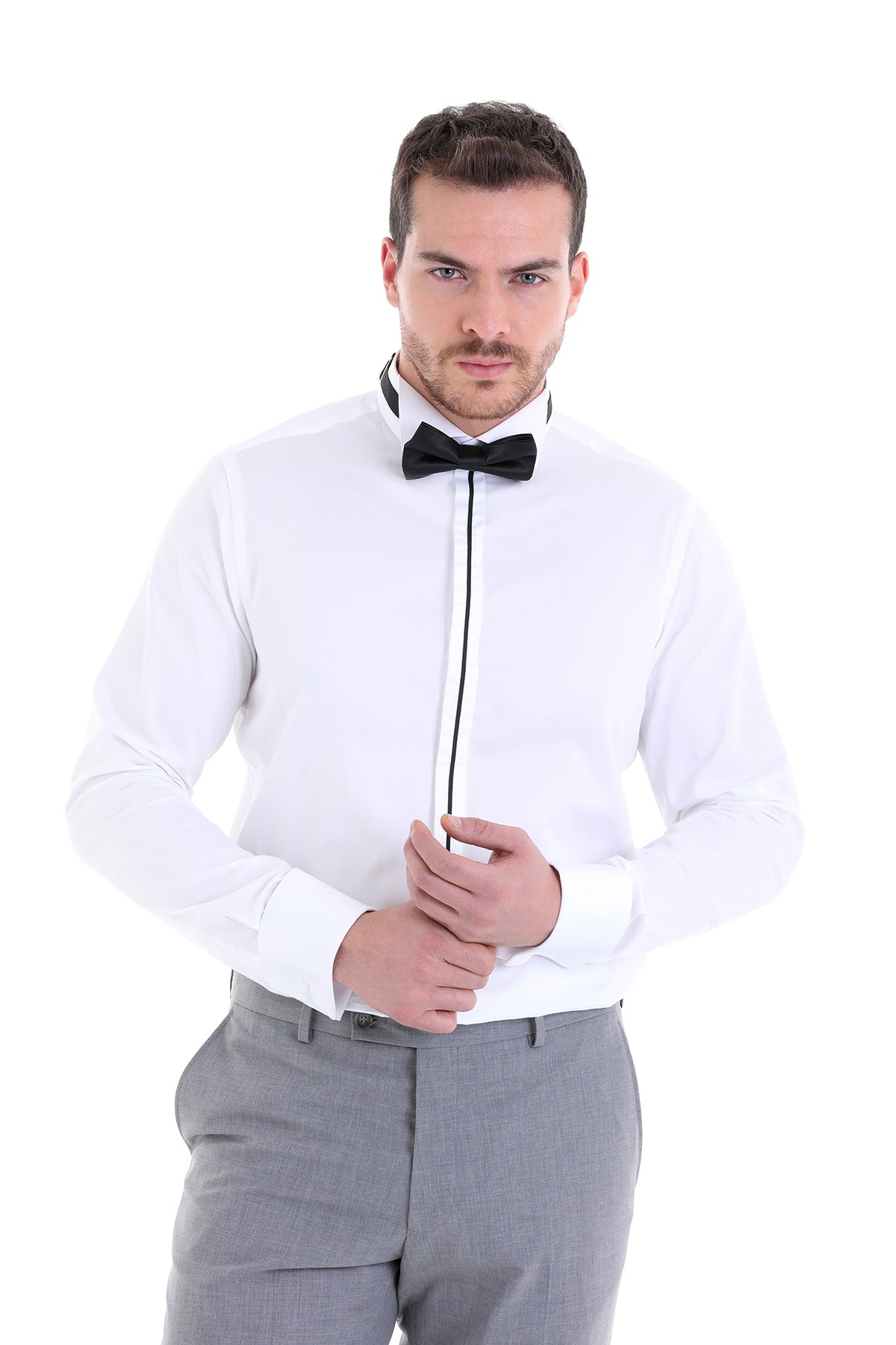 Comfort Fit Plain French Cuff Cotton Black Tuxedo Shirt