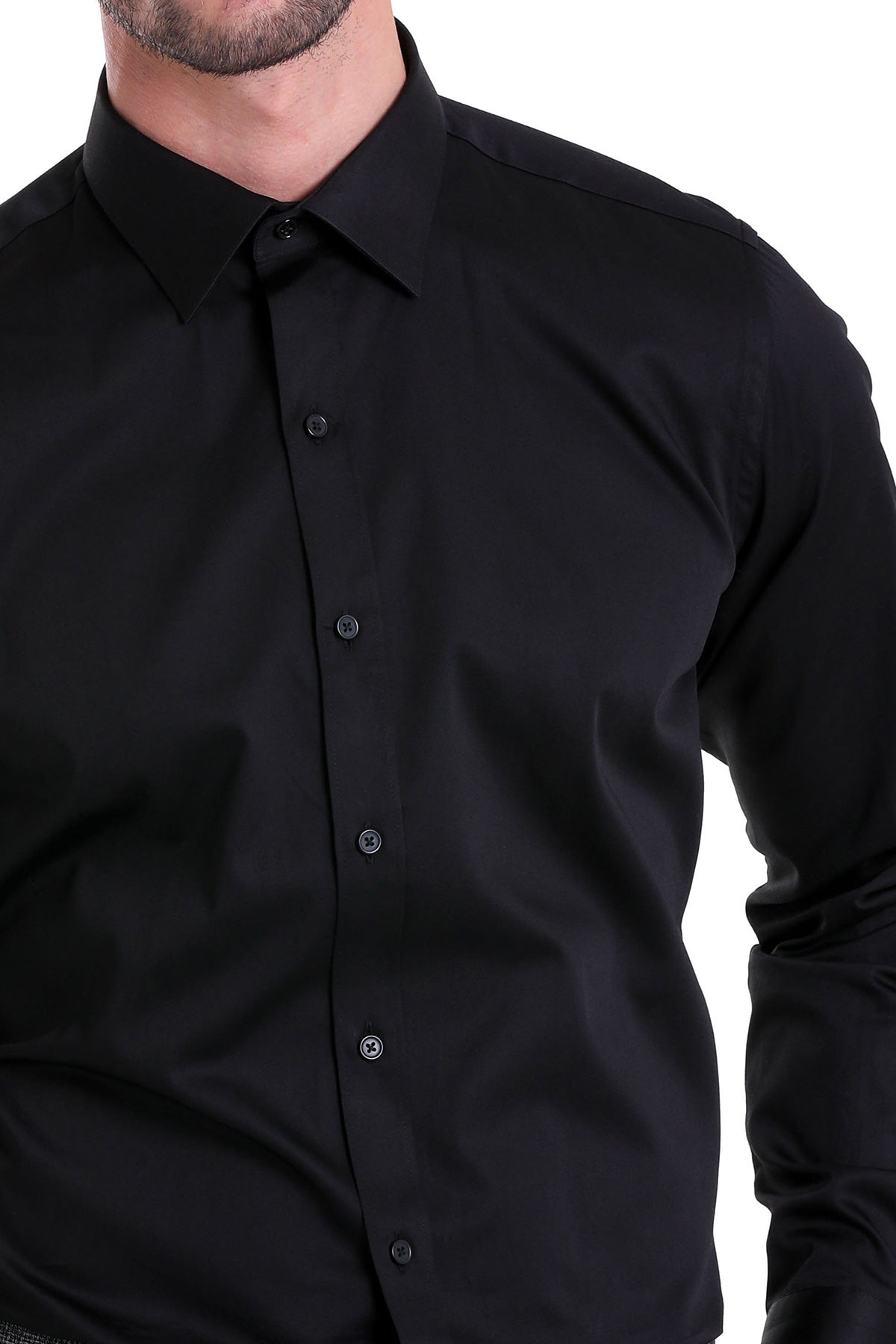 Comfort Fit Straight-Point Collar Cotton Black Dress Shirt