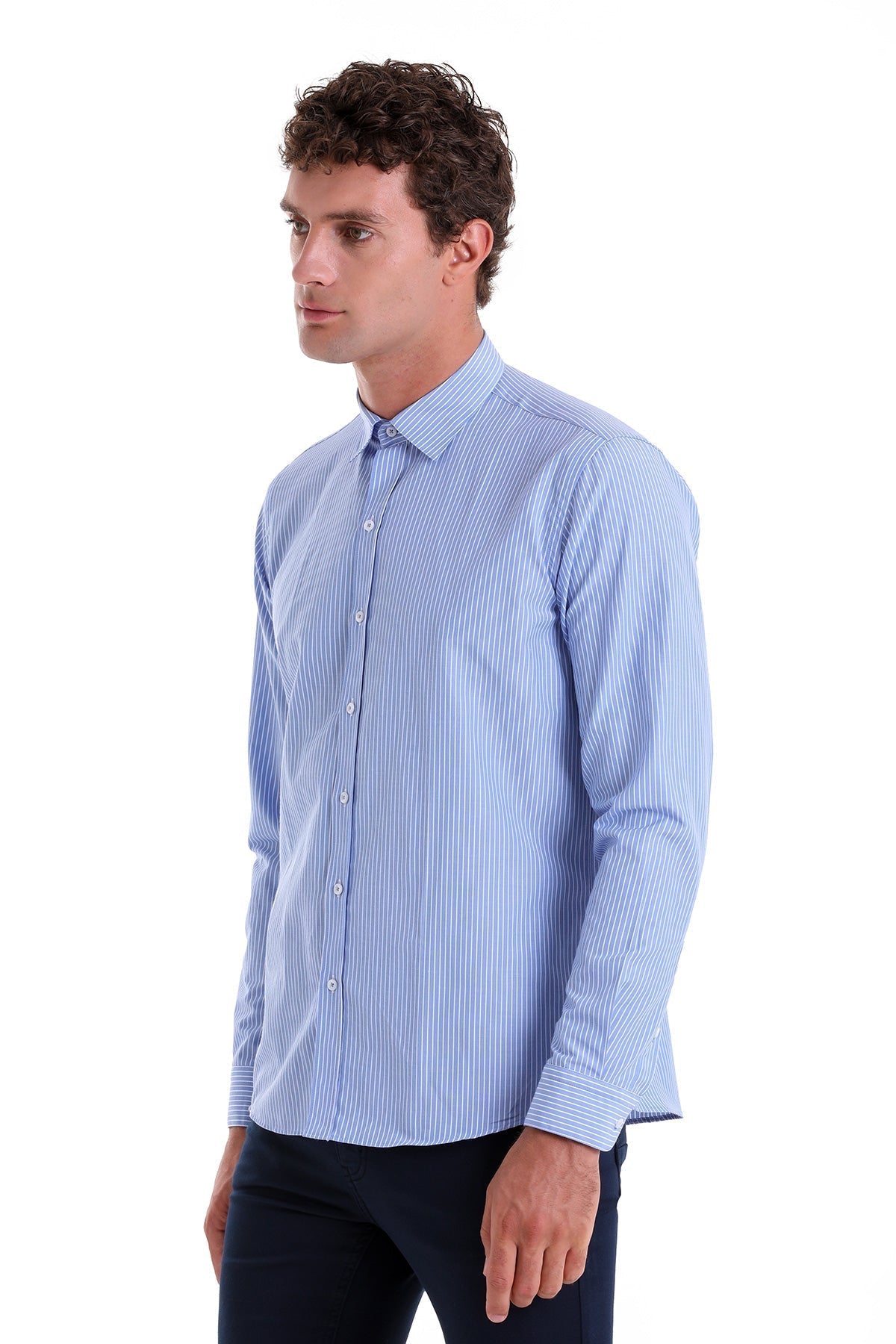 Comfort Fit Striped Cotton Blend Blue Dress Shirt - MIB