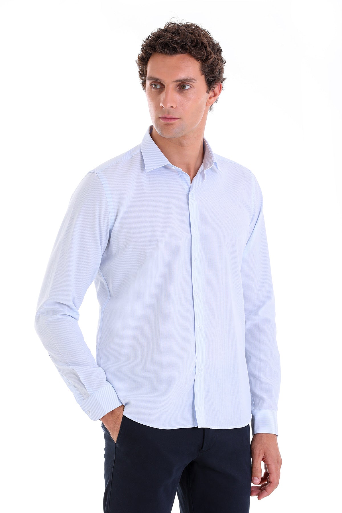 Comfort Fit Striped Cotton Blend Light Blue Casual Shirt