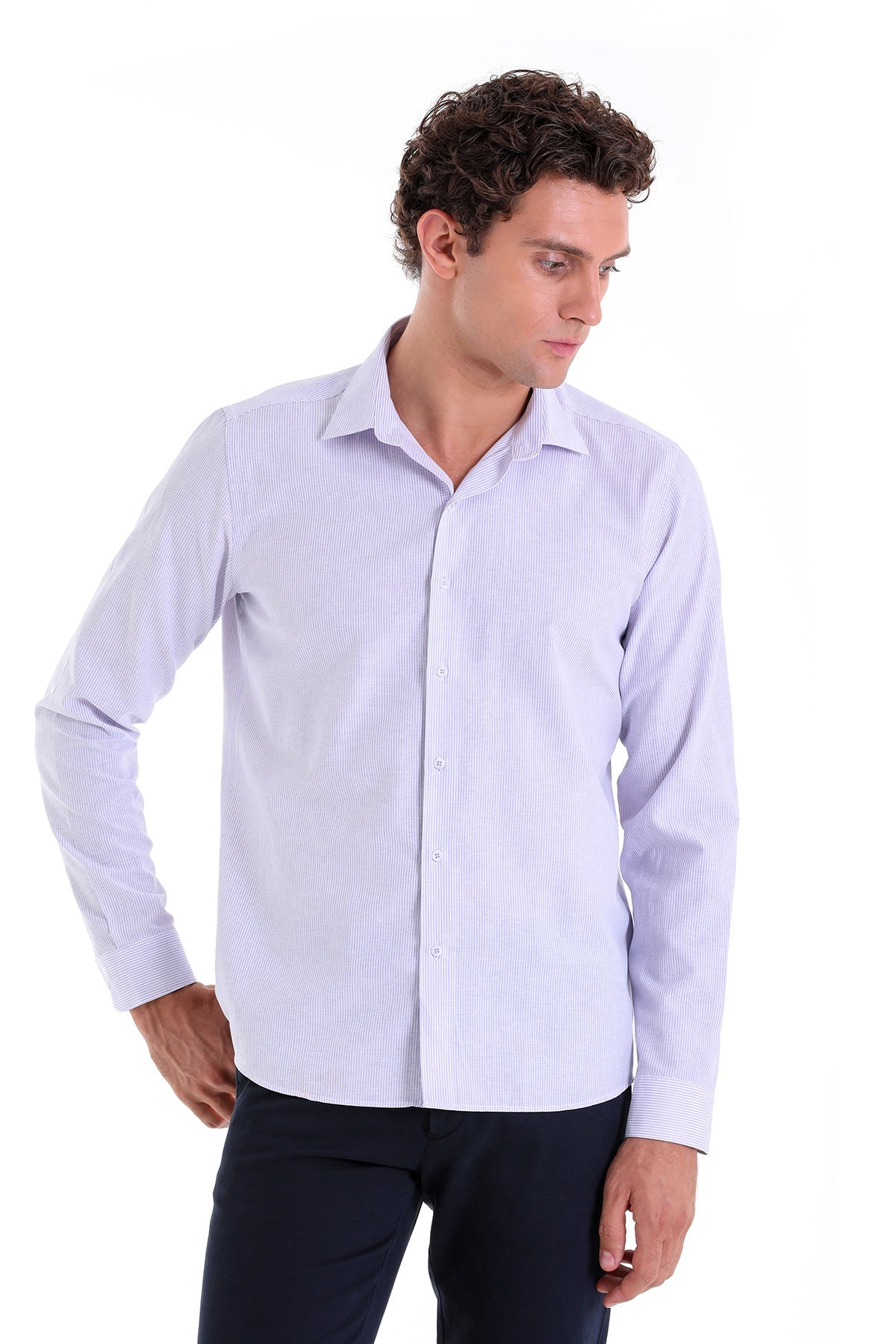 Comfort Fit Striped Cotton Blend Lilac Casual Shirt - MIB