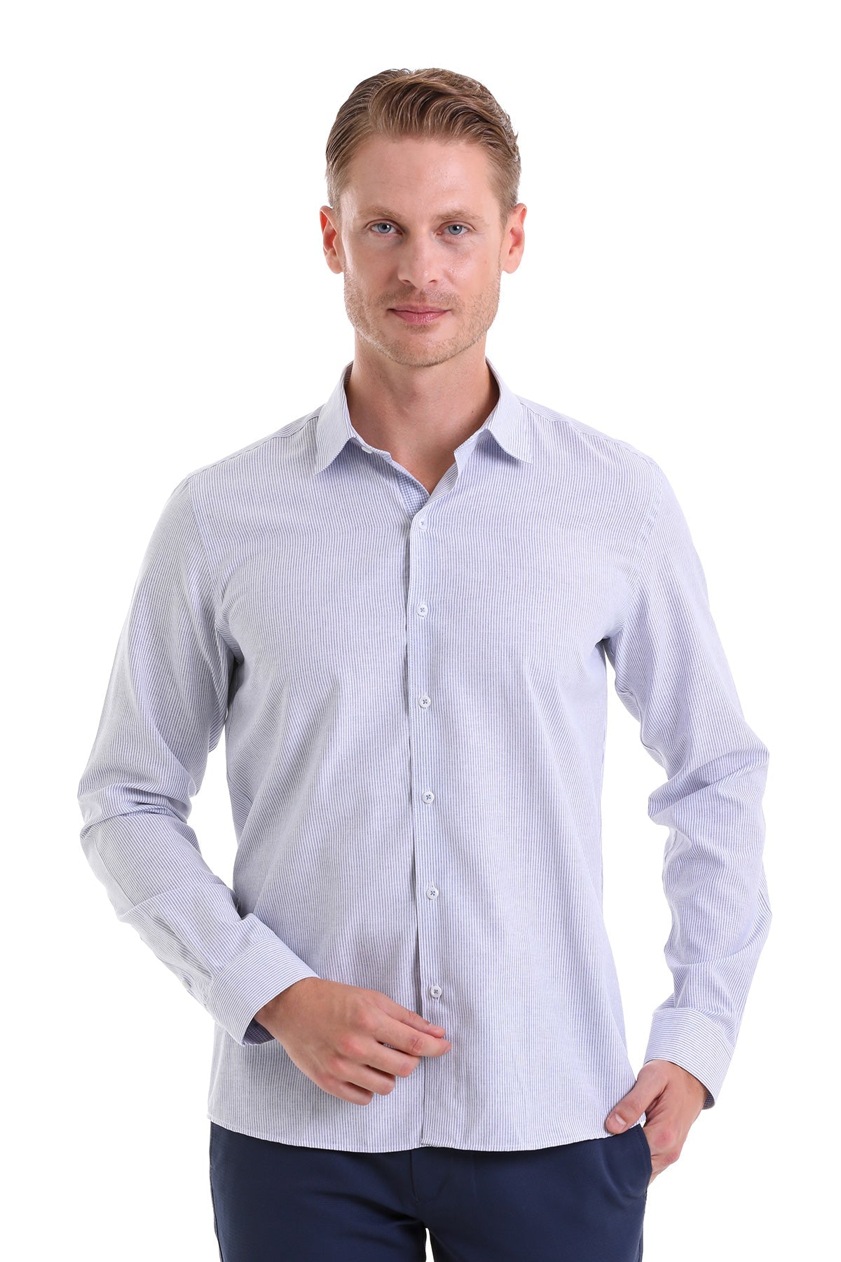 Comfort Fit Striped Cotton Blend Navy Casual Shirt - MIB