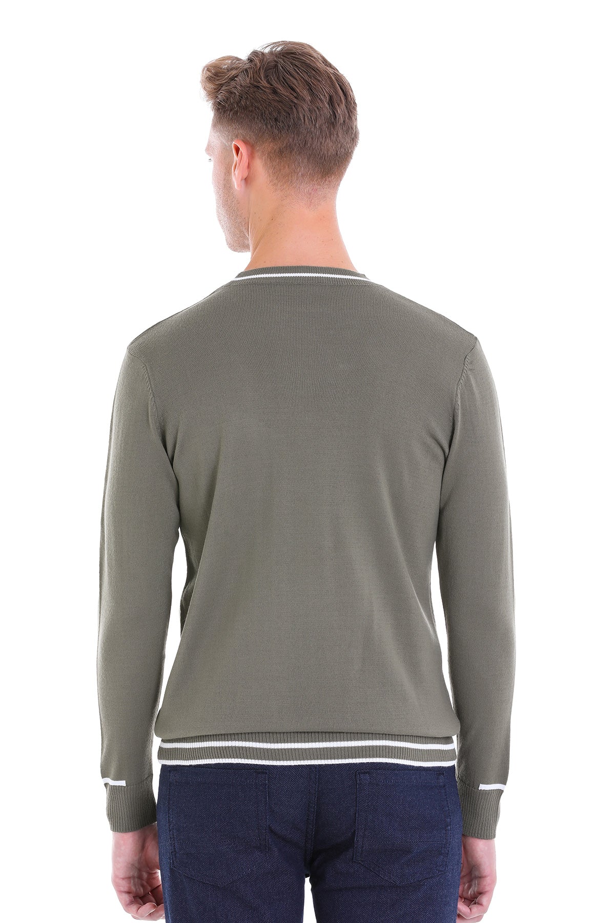 Comfort Fit Stripes Wool Blend Khaki Crewneck Sweater