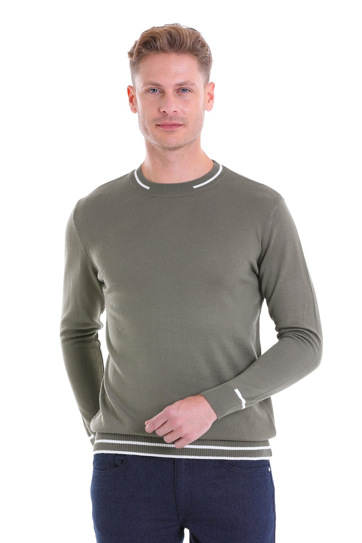 Comfort Fit Stripes Wool Blend Khaki Crewneck Sweater