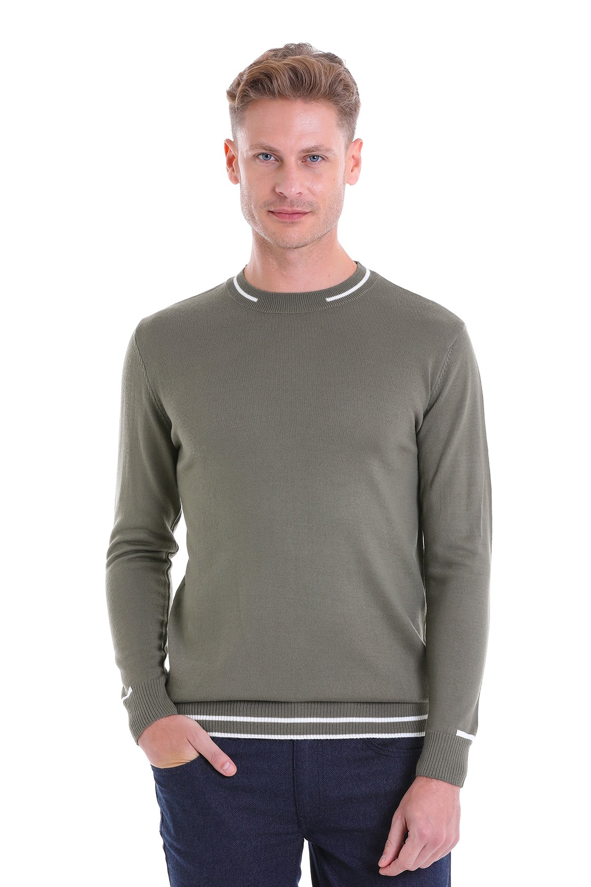 Comfort Fit Stripes Wool Blend Khaki Crewneck Sweater