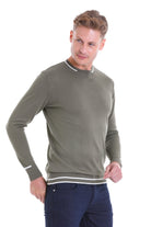 Comfort Fit Stripes Wool Blend Khaki Crewneck Sweater