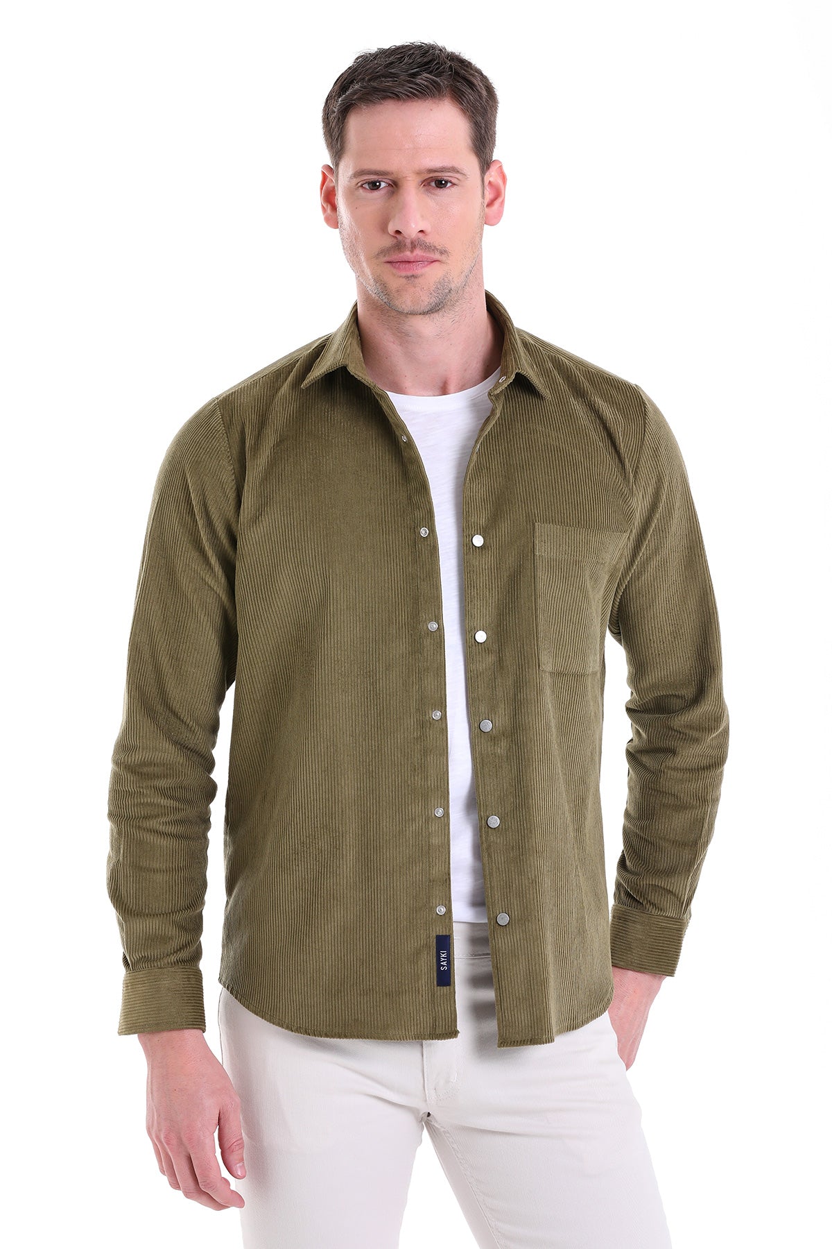 Comfort Fit Velvet Long Sleeve Cotton Khaki Casual Shirt