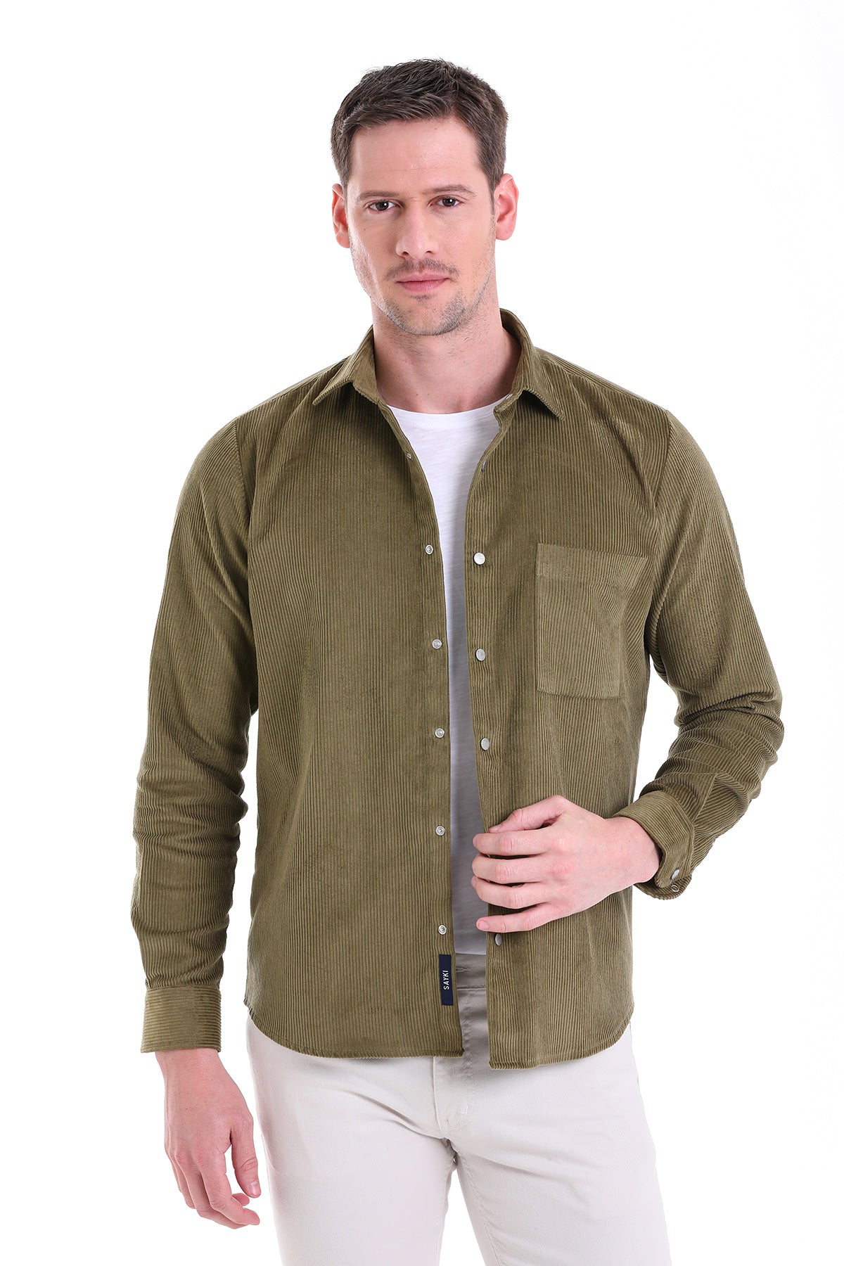 Comfort Fit Velvet Long Sleeve Cotton Khaki Casual Shirt