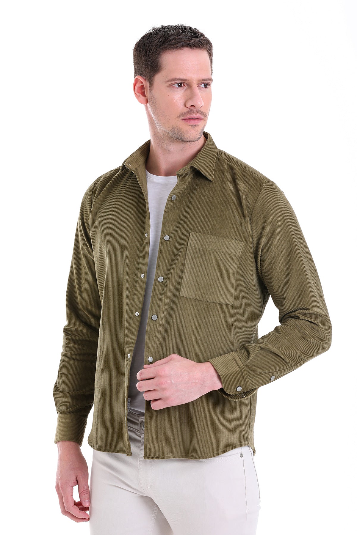 Comfort Fit Velvet Long Sleeve Cotton Khaki Casual Shirt