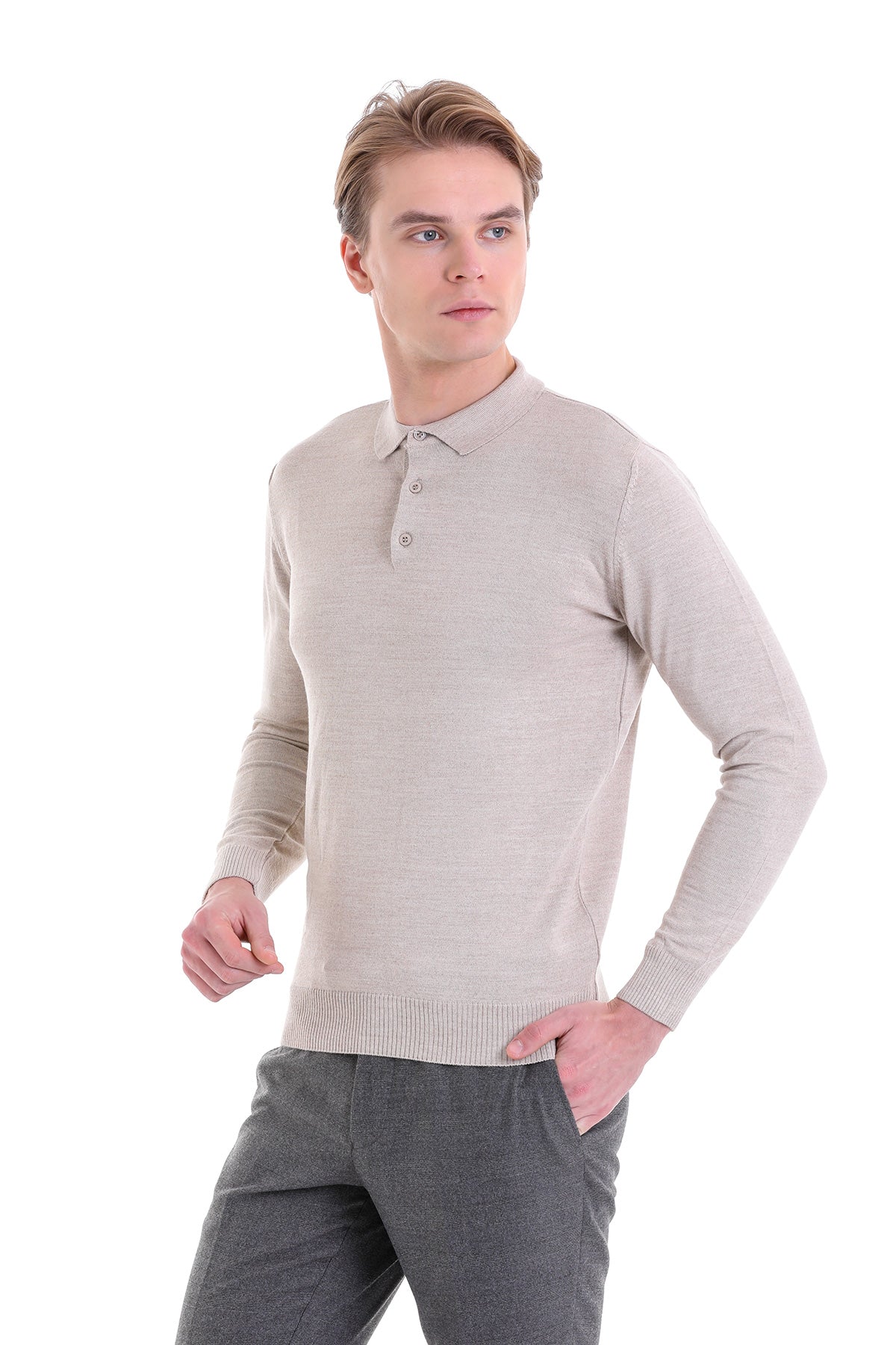 Comfort Fit Wool Blend Beige Polo Sweater - MIB