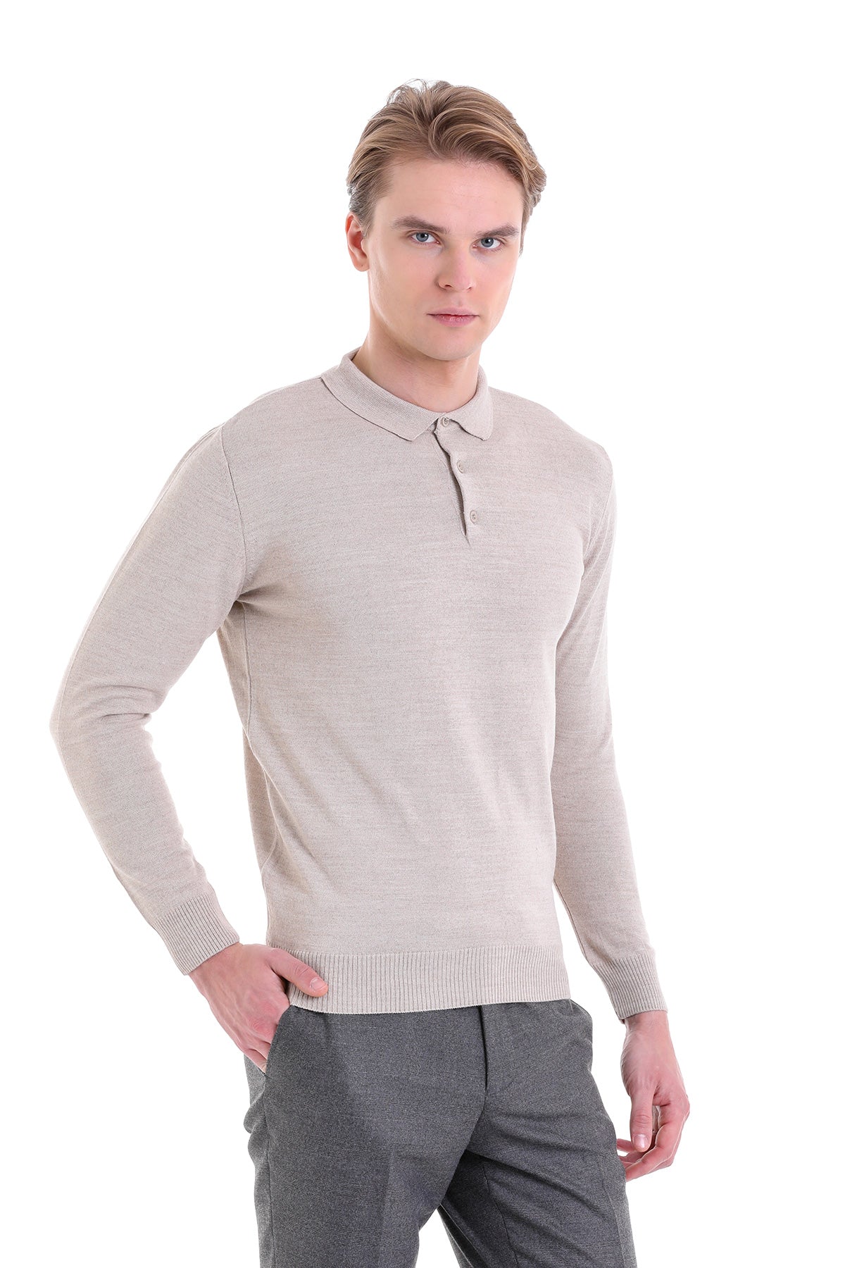 Comfort Fit Wool Blend Beige Polo Sweater - MIB