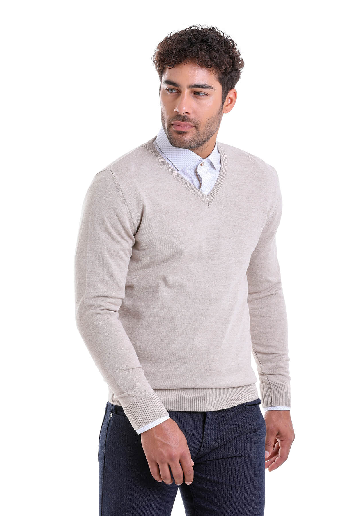 Comfort Fit Wool Blend Beige V-Neck Sweater - MIB