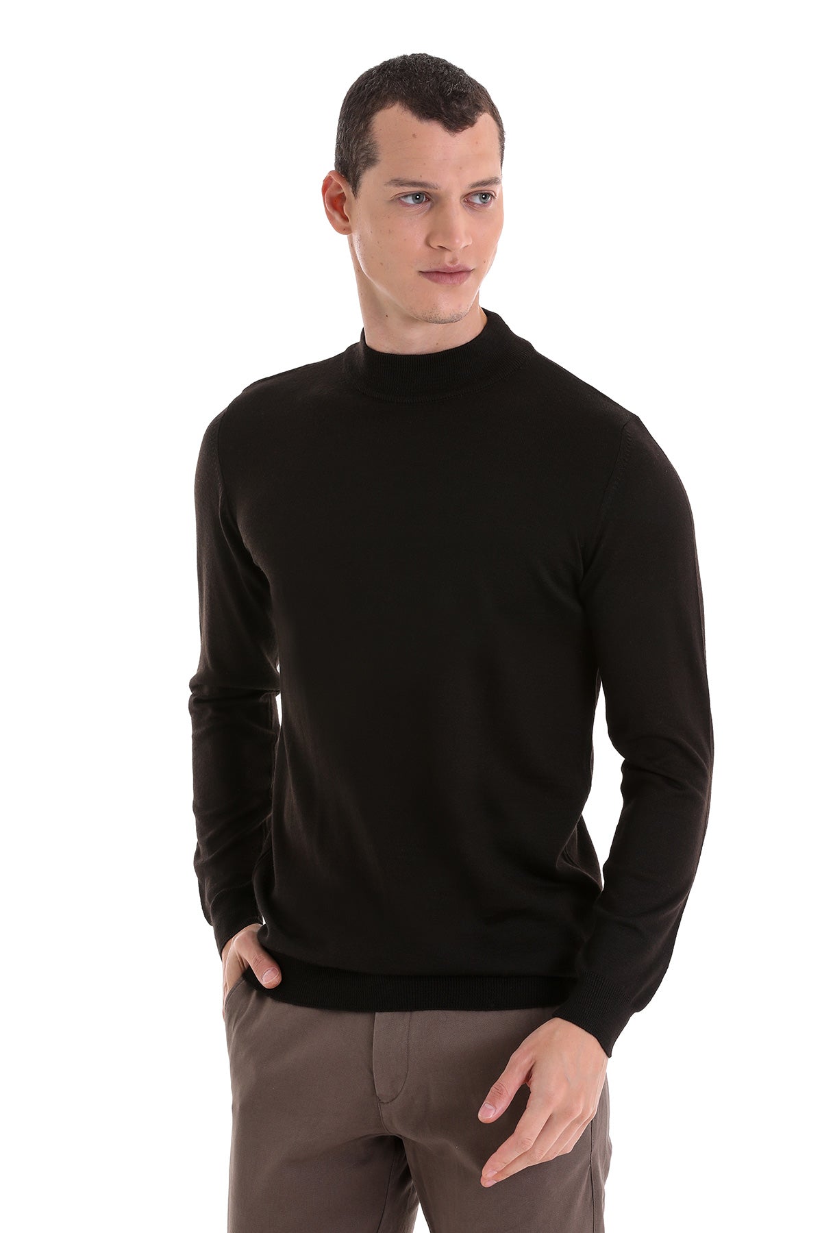 Comfort Fit Wool Blend Black Mock Neck Sweater - SAYKI