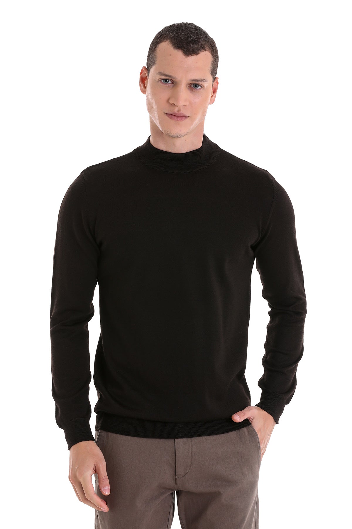 Comfort Fit Wool Blend Black Mock Neck Sweater - SAYKI