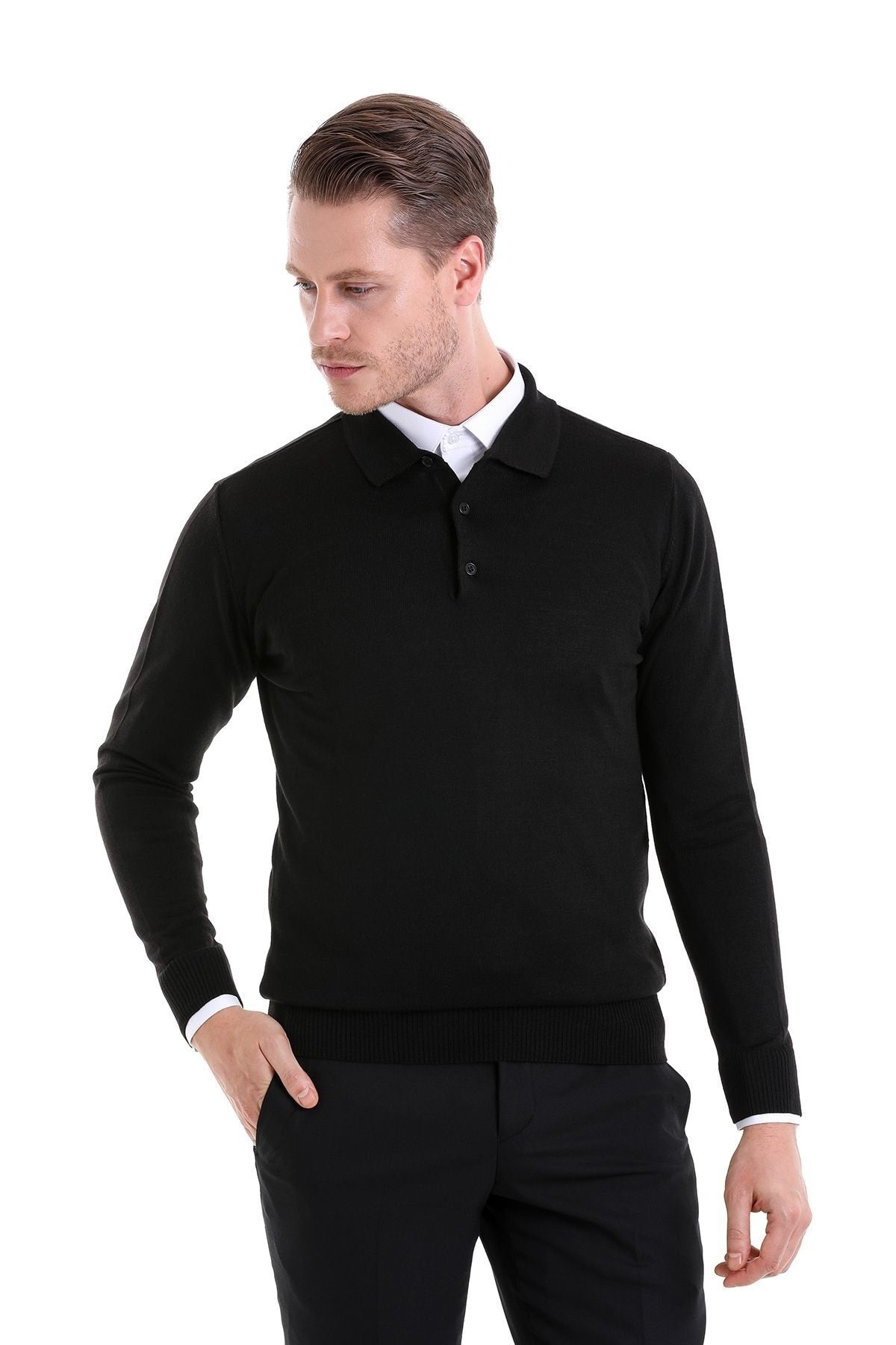 Comfort Fit Wool Blend Black Polo Sweater - MIB