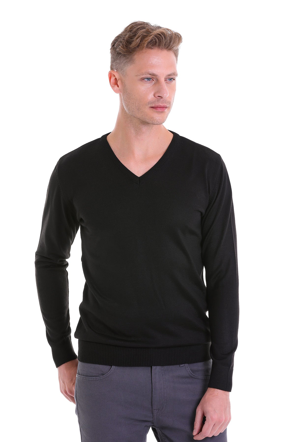 Comfort Fit Wool Blend Black V-Neck Sweater - MIB