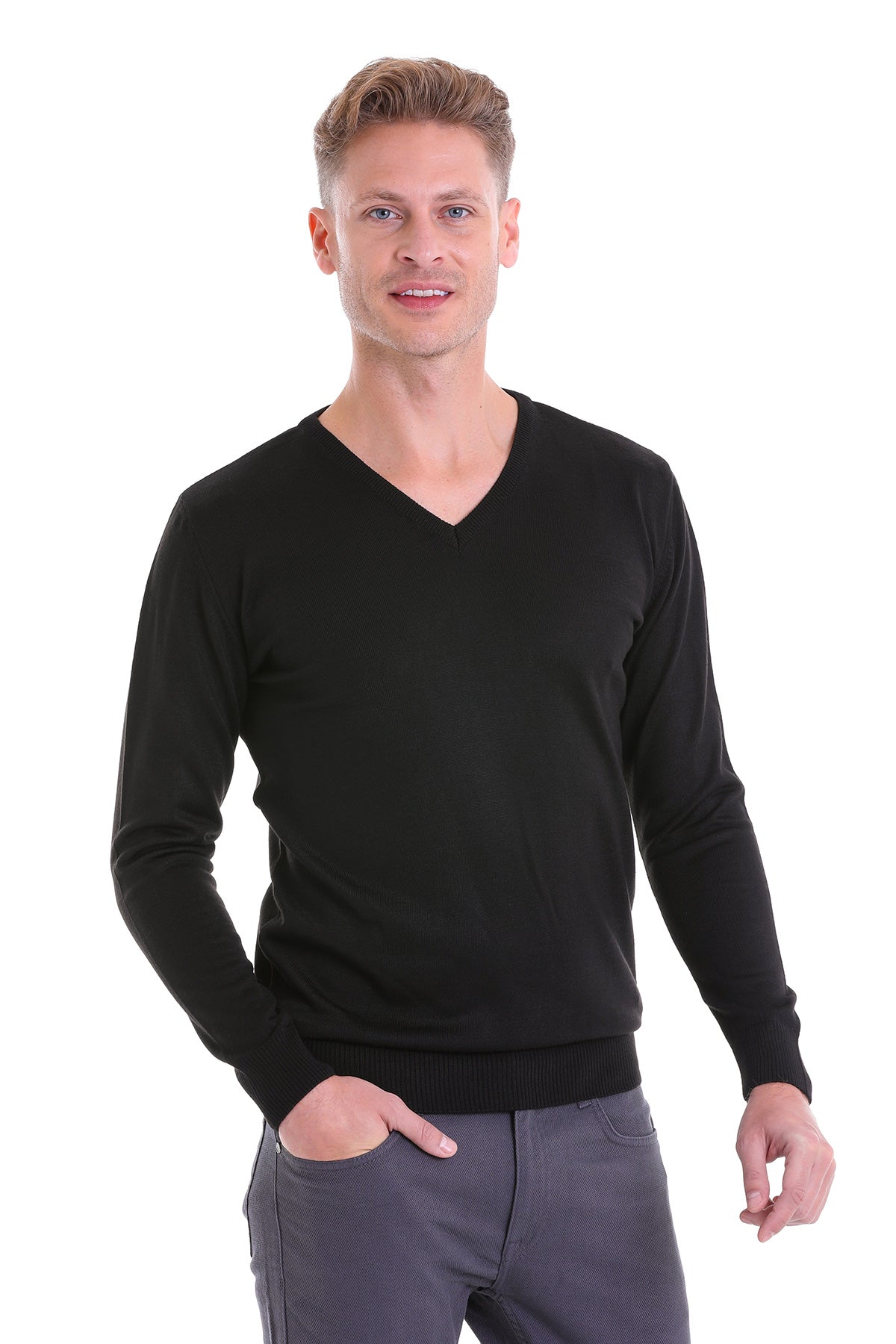 Comfort Fit Wool Blend Black V-Neck Sweater - MIB