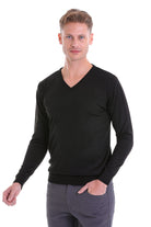 Comfort Fit Wool Blend Black V-Neck Sweater - MIB