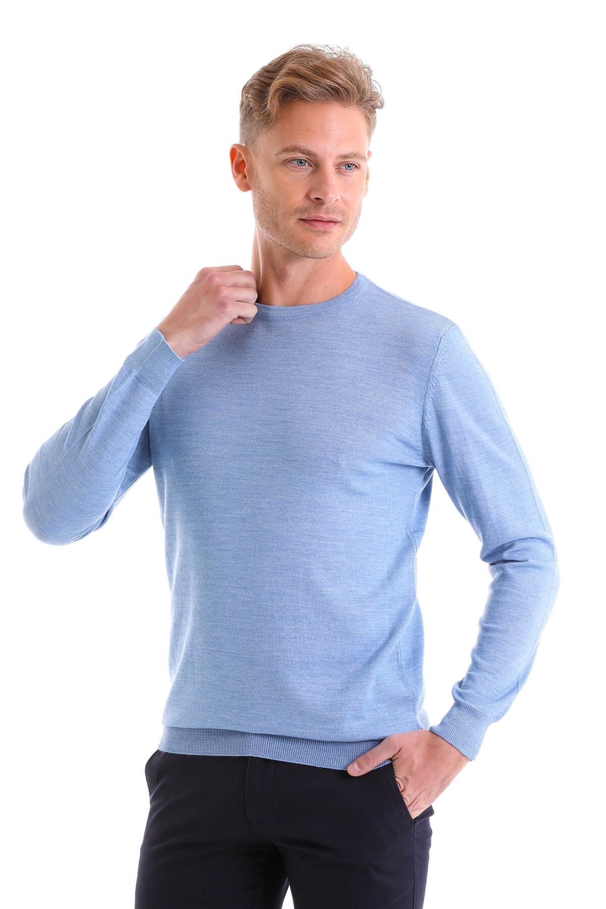 Comfort Fit Wool Blend Blue Crewneck Sweater - MIB