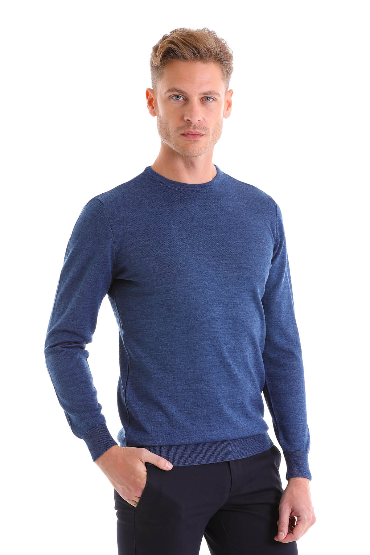 Comfort Fit Wool Blend Blue Crewneck Sweater - MIB