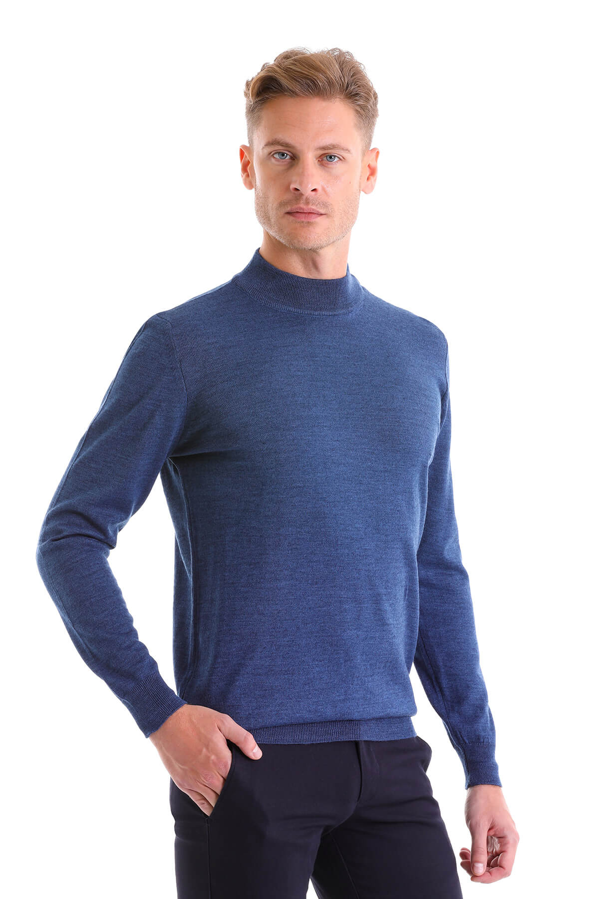 Comfort Fit Wool Blend Blue Mel Mock Neck Sweater - SAYKI