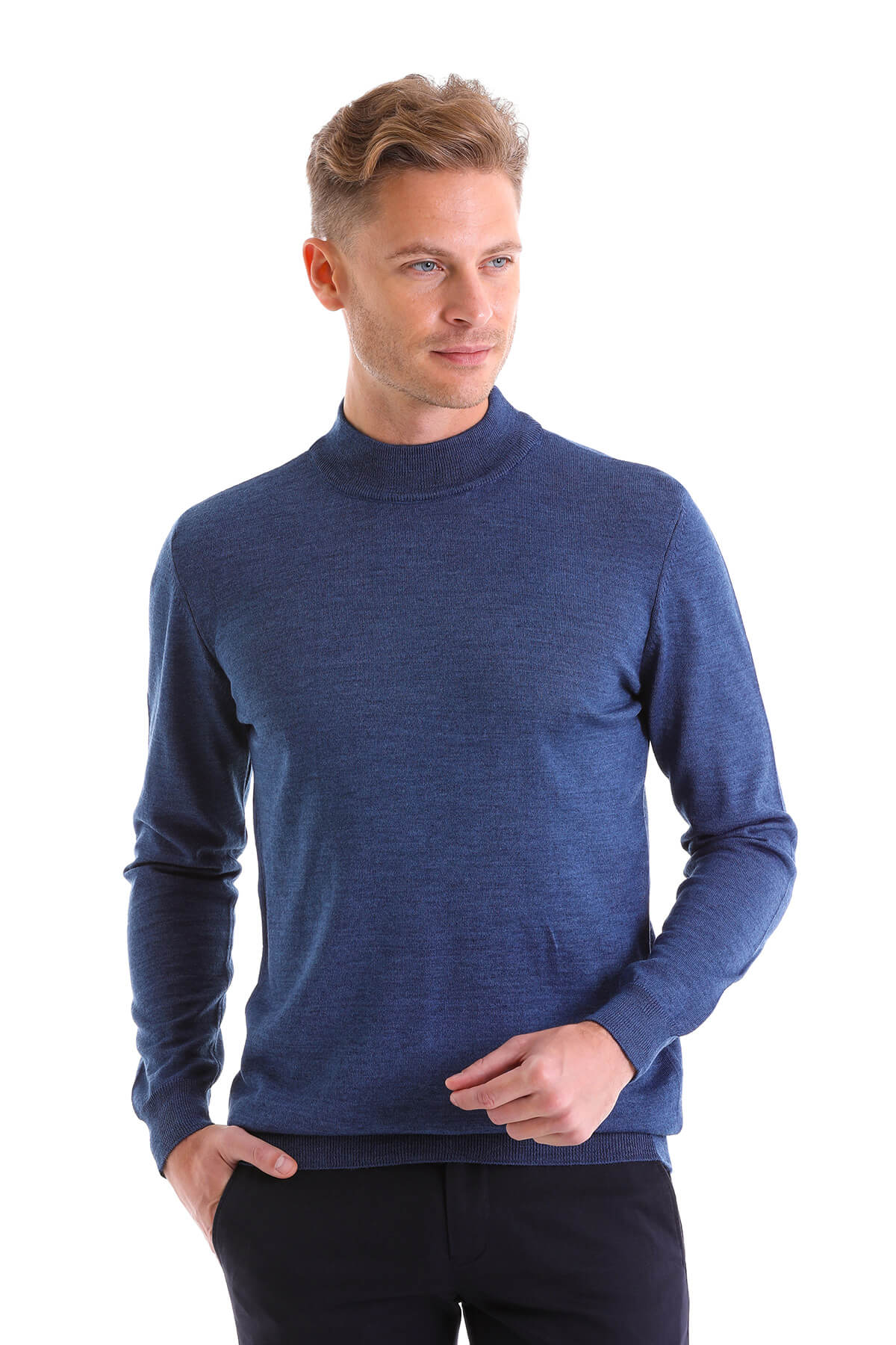 Comfort Fit Wool Blend Blue Mel Mock Neck Sweater - SAYKI