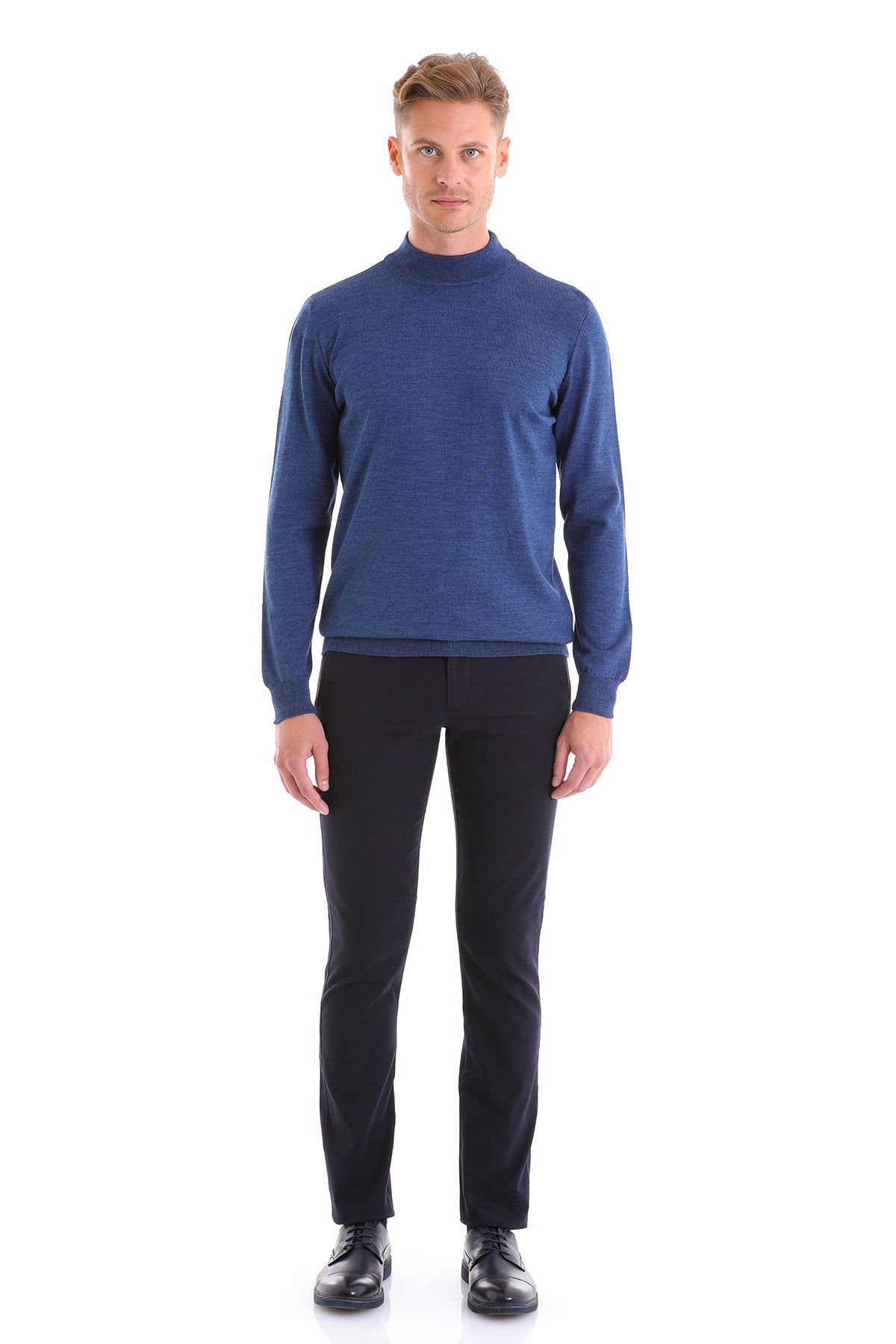 Comfort Fit Wool Blend Blue Mel Mock Neck Sweater - SAYKI