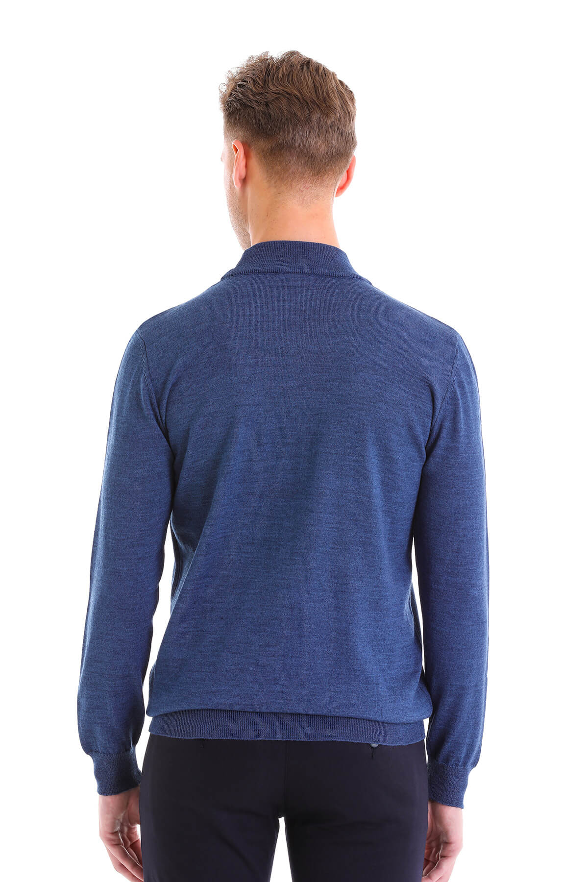 Comfort Fit Wool Blend Blue Mel Mock Neck Sweater - SAYKI