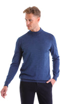 Comfort Fit Wool Blend Blue Mock Neck Sweater - SAYKI