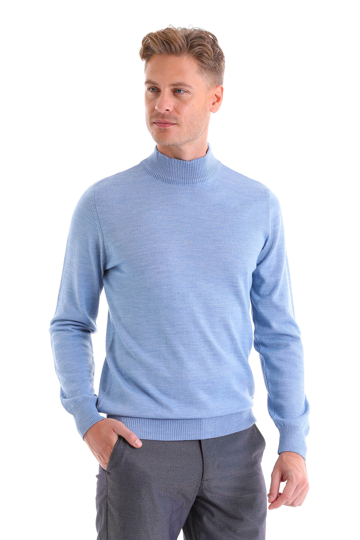 Comfort Fit Wool Blend Blue Mock Neck Sweater - SAYKI