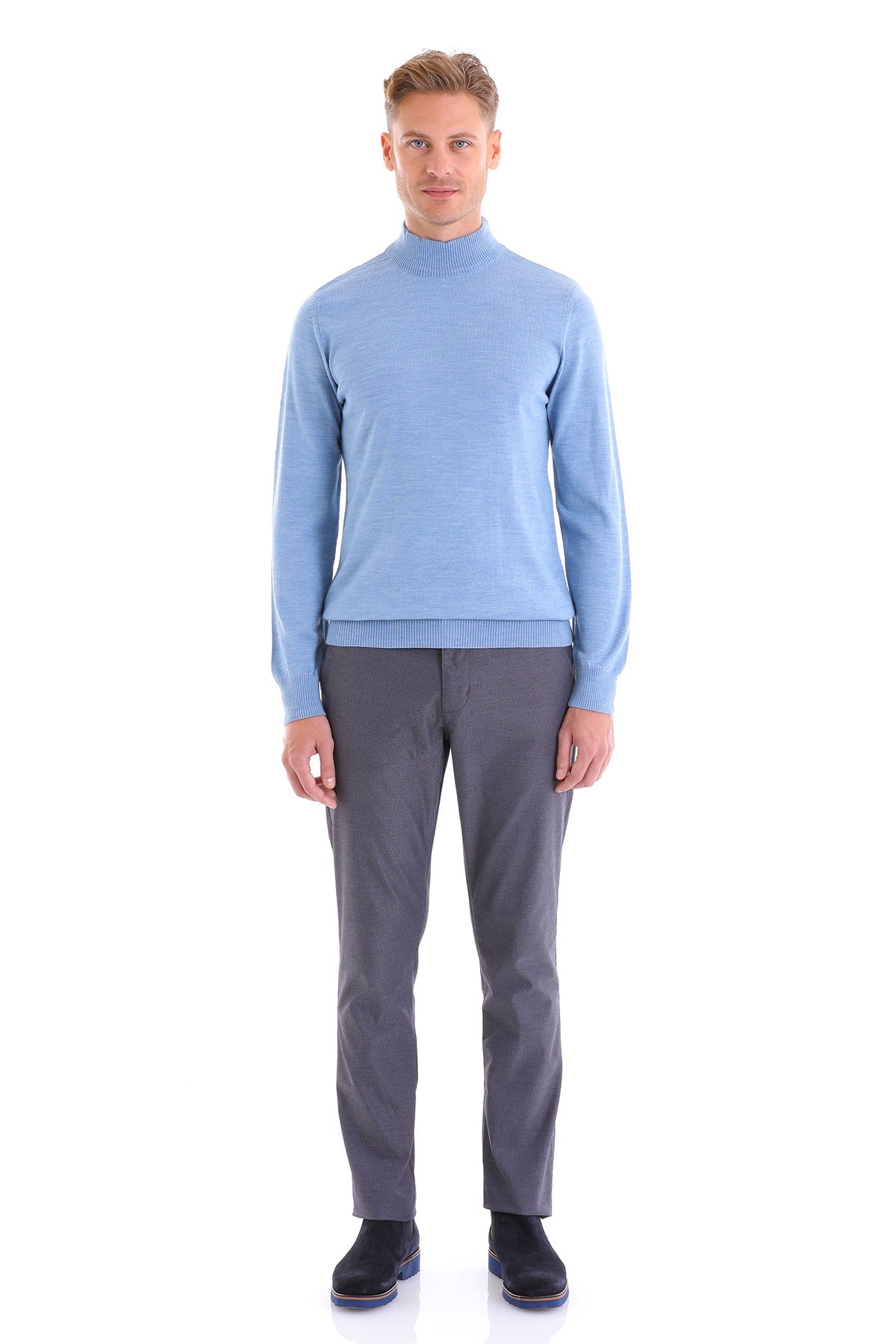 Comfort Fit Wool Blend Blue Mock Neck Sweater - SAYKI