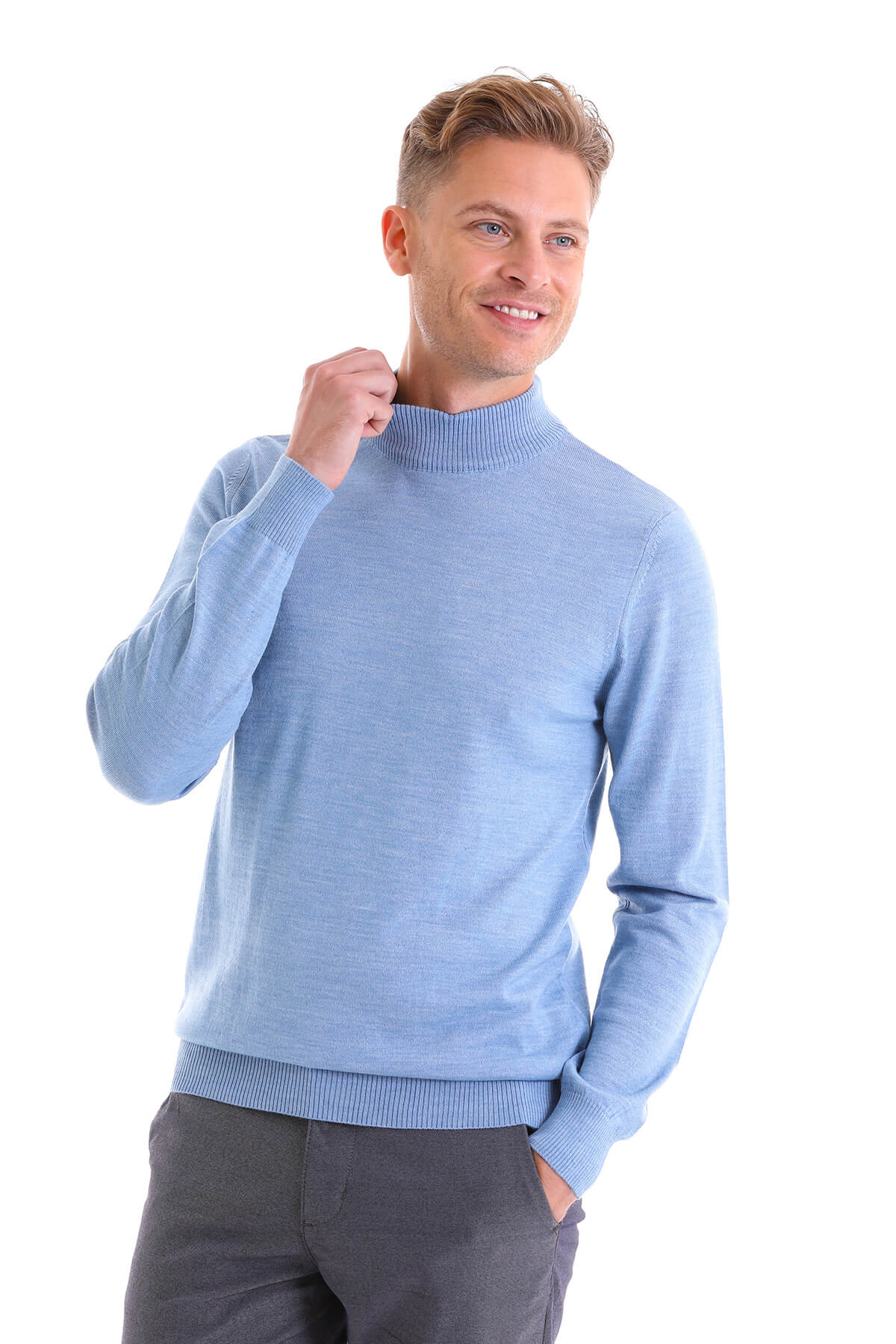 Comfort Fit Wool Blend Blue Mock Neck Sweater - SAYKI